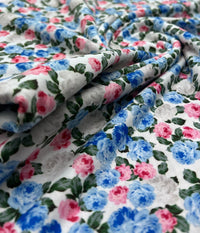 Blue Pink Ditsy Floral Print Spun Poly Stretch Fabric - T9 Fabrics