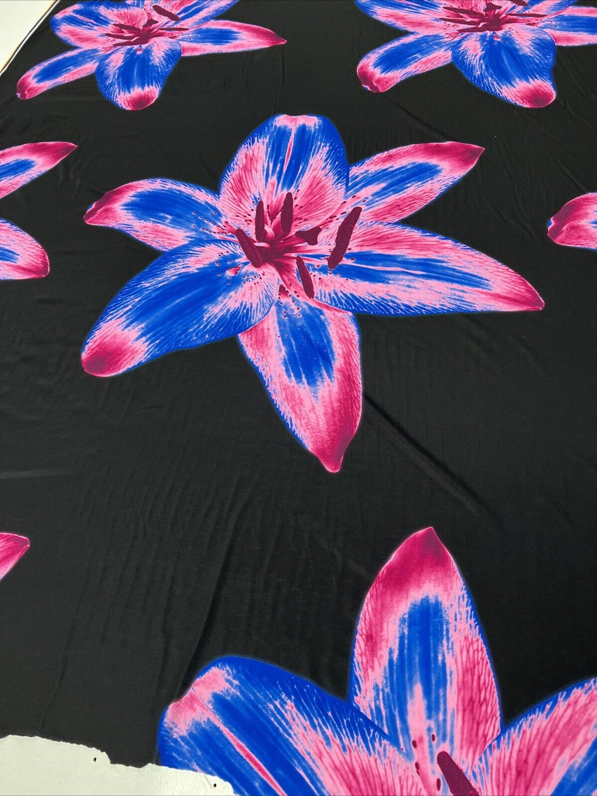 Blue Pink Large Floral Print Spun Poly Stretch Fabric - T9 Fabrics