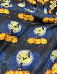 Blue Pumpkin Witch Print Spun Poly Stretch Fabric - T9 Fabrics