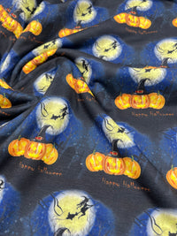 Blue Pumpkin Witch Print Spun Poly Stretch Fabric - T9 Fabrics