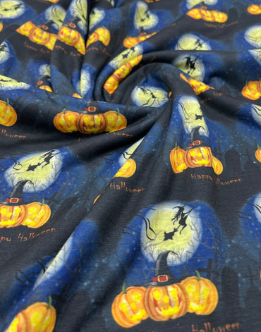 Blue Pumpkin Witch Print Spun Poly Stretch Fabric - T9 Fabrics