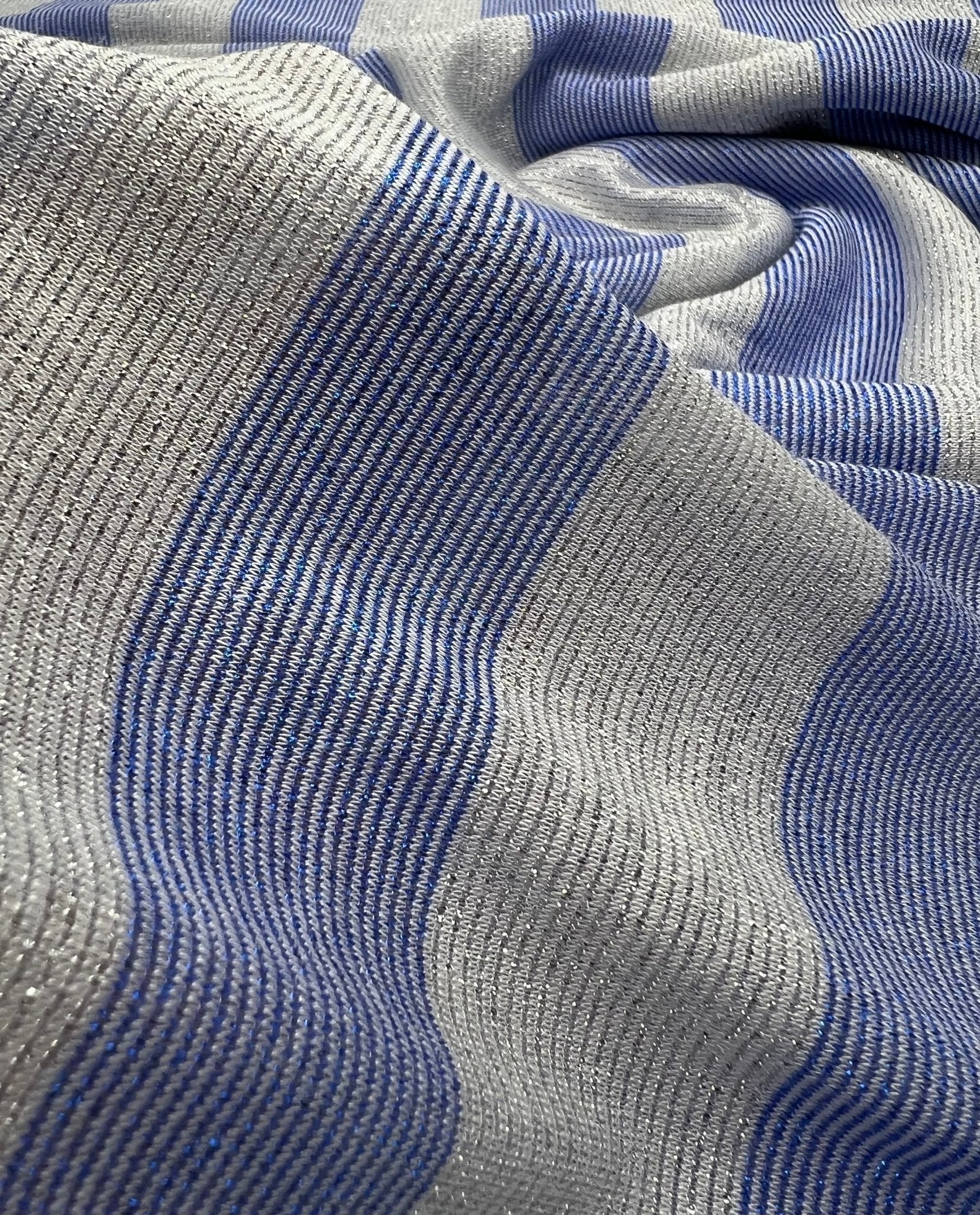 Blue Silver Metallic Stripe Knitted 2 Way Stretch Fabric - T9 Fabrics