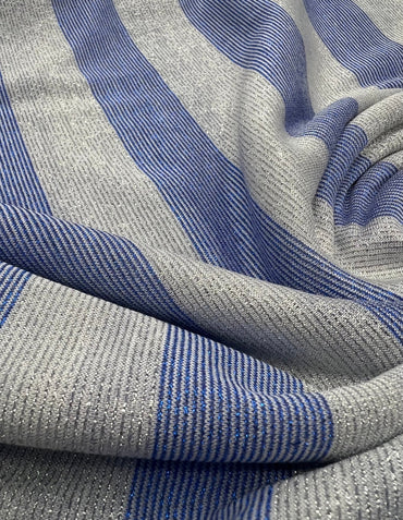 Blue Silver Metallic Stripe Knitted 2 Way Stretch Fabric - T9 Fabrics