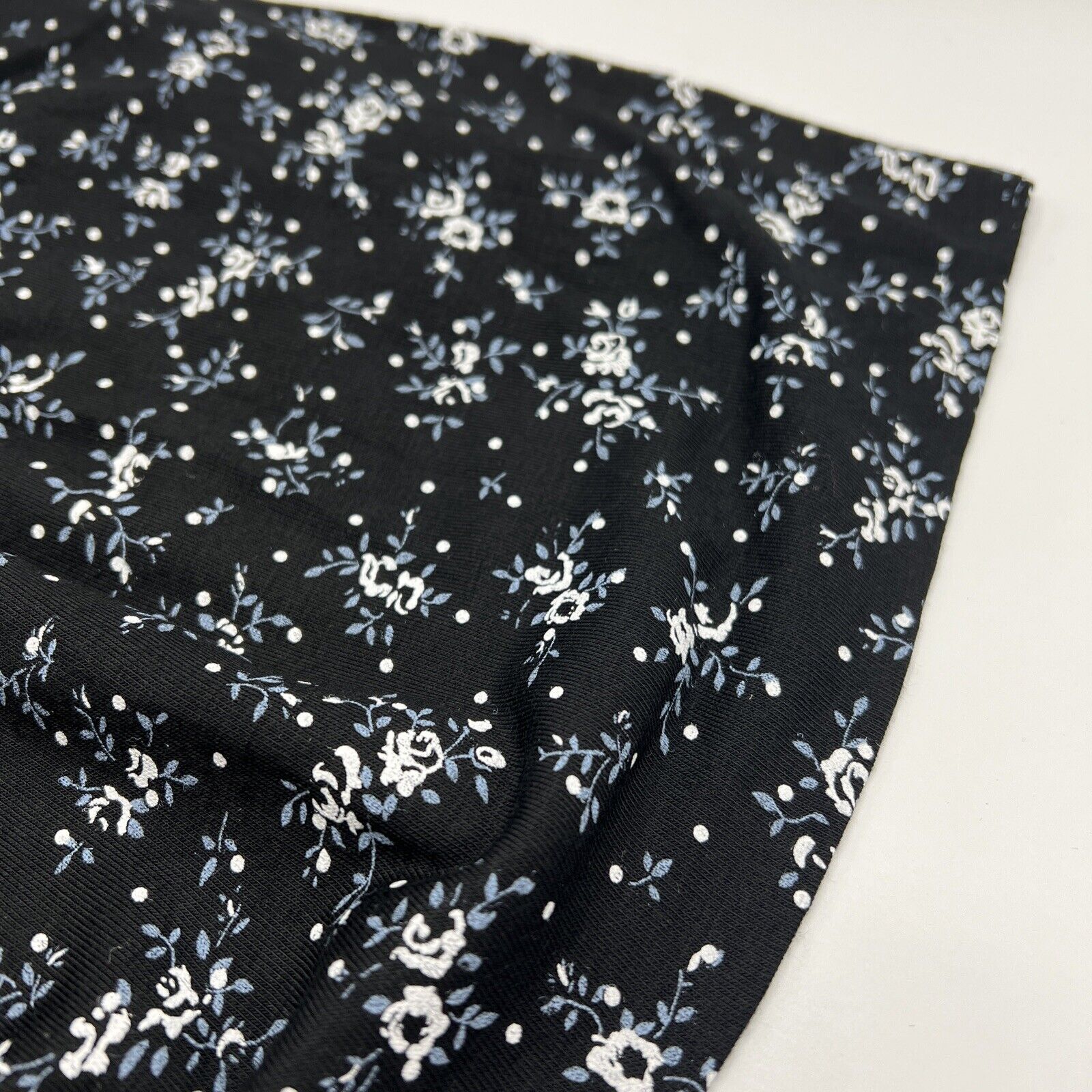 Blue Small Spot Flower Print Black Viscose Elastane Fabric - T9 Fabrics