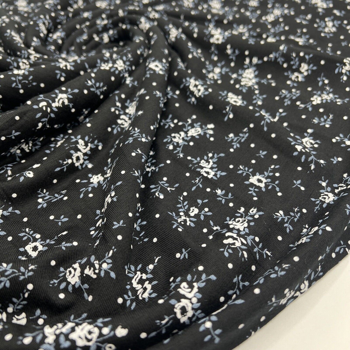 Blue Small Spot Flower Print Black Viscose Elastane Fabric - T9 Fabrics