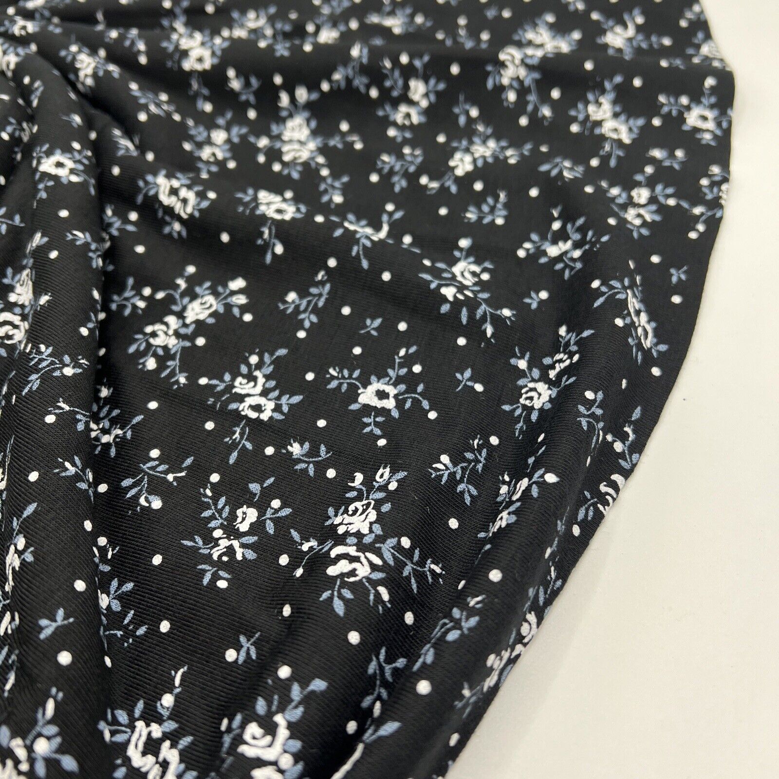 Blue Small Spot Flower Print Black Viscose Elastane Fabric - T9 Fabrics