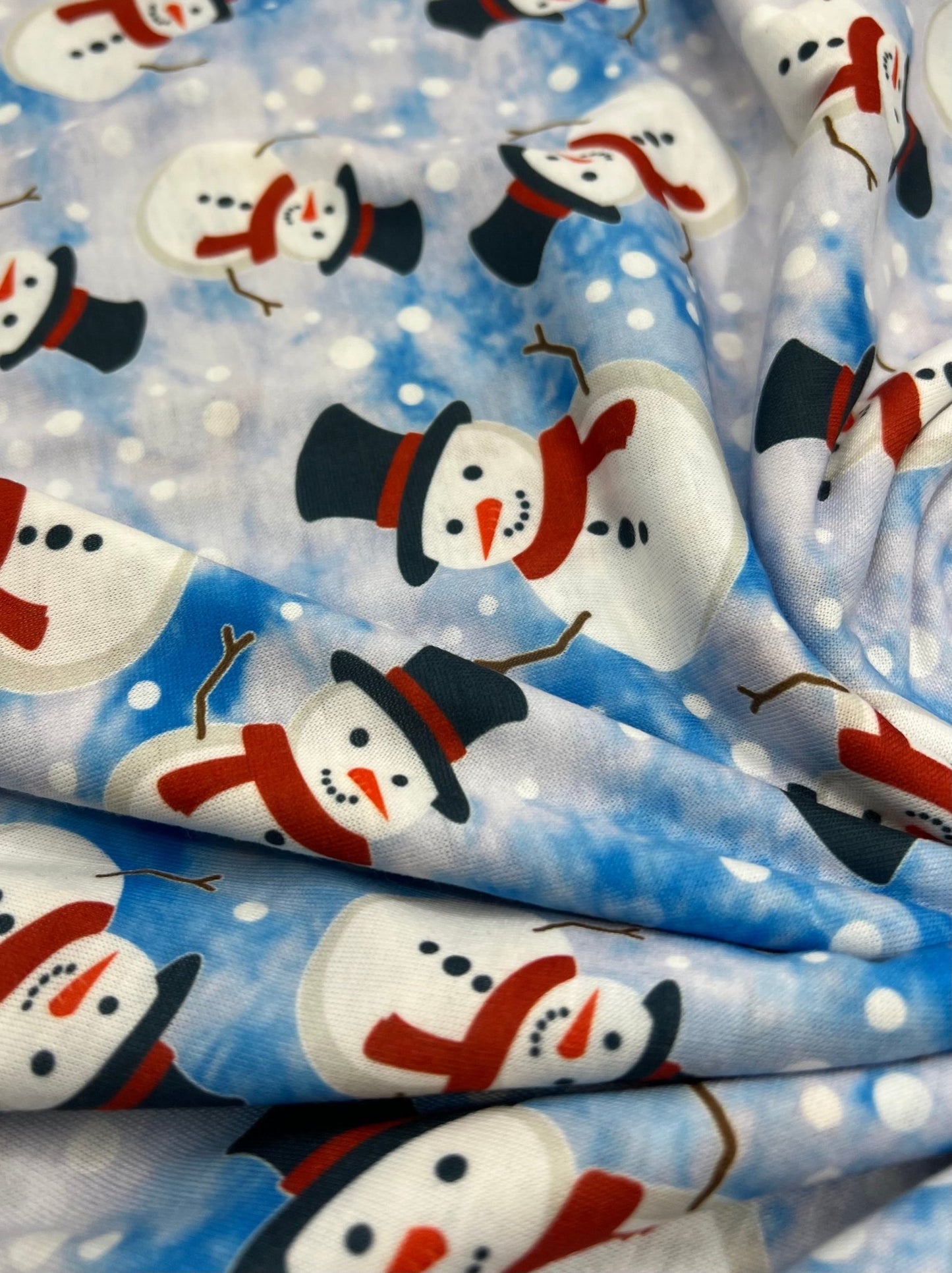 Blue Snow Snowman Print Soft Spun Poly Stretch Fabric - T9 Fabrics