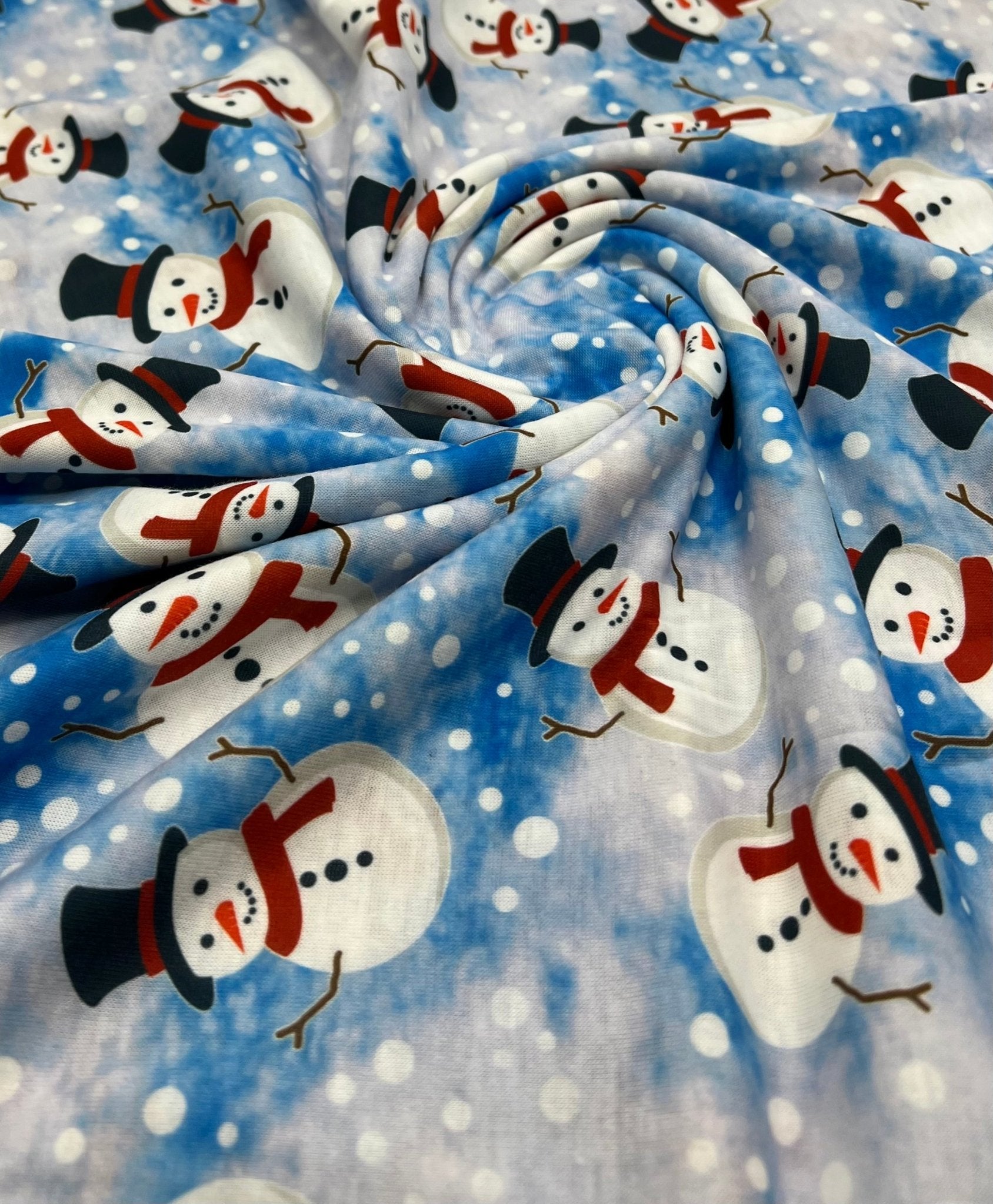 Blue Snow Snowman Print Soft Spun Poly Stretch Fabric - T9 Fabrics