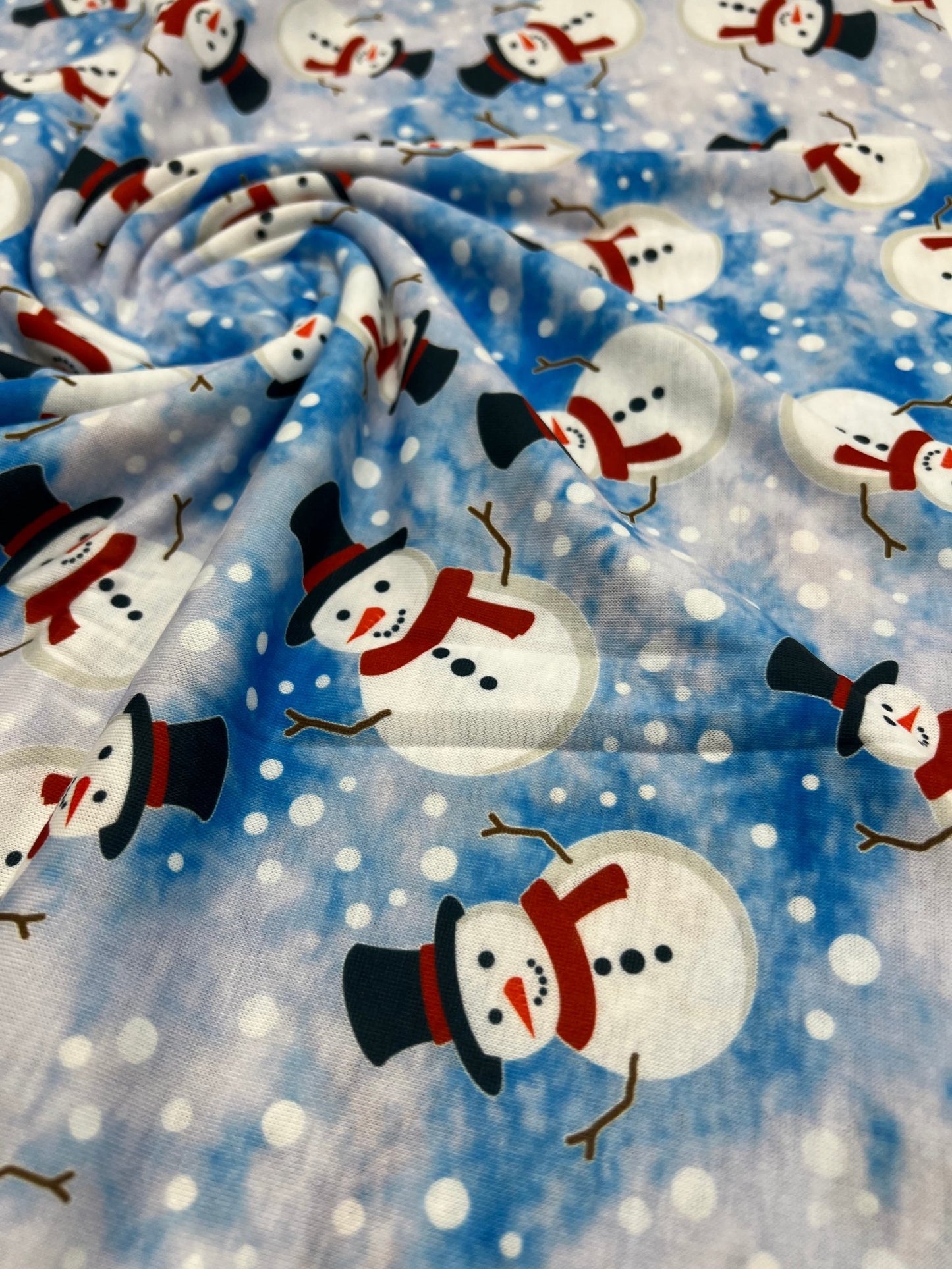 Blue Snow Snowman Print Soft Spun Poly Stretch Fabric - T9 Fabrics