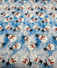 Blue Snow Snowman Print Soft Spun Poly Stretch Fabric - T9 Fabrics