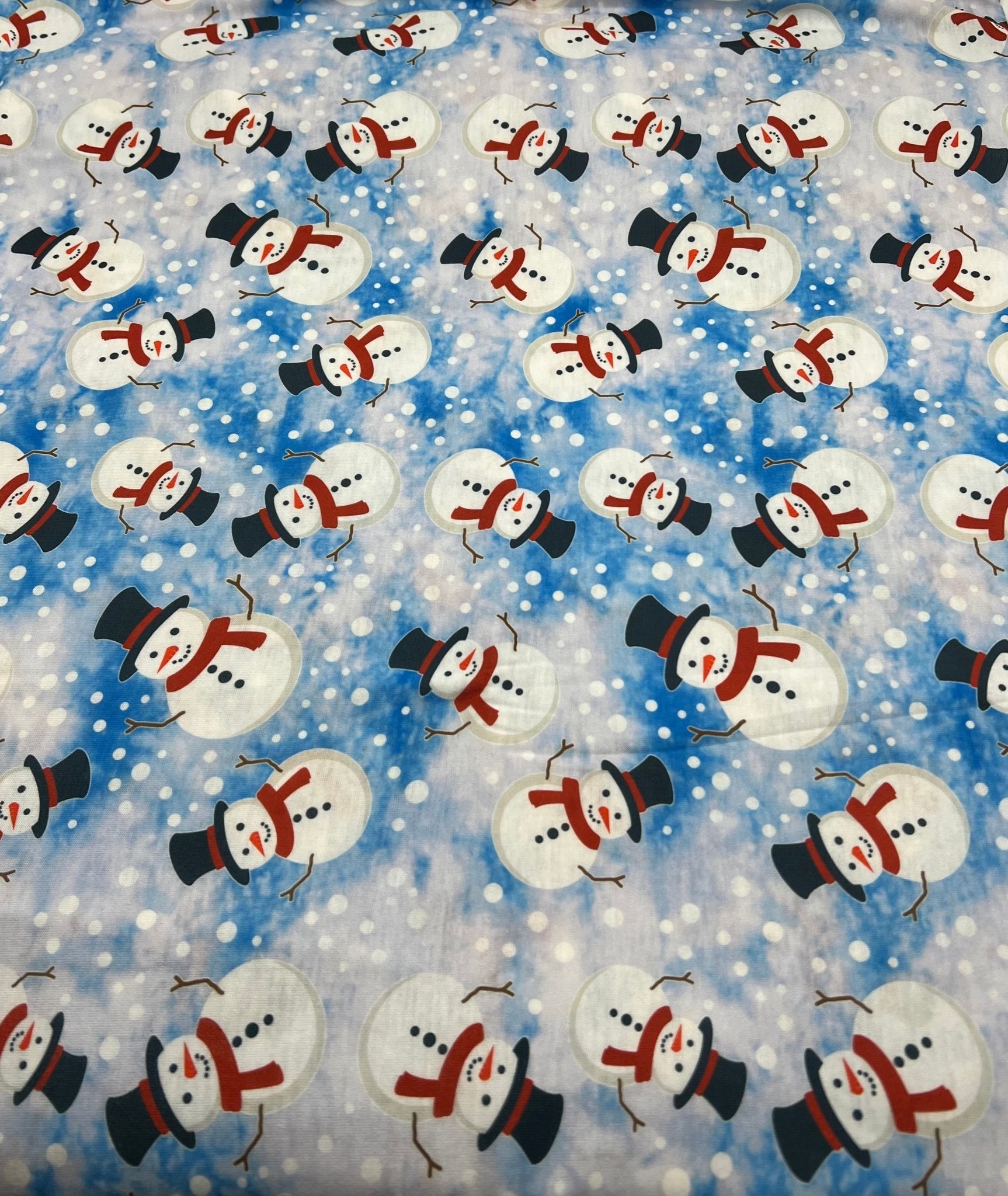 Blue Snow Snowman Print Soft Spun Poly Stretch Fabric - T9 Fabrics