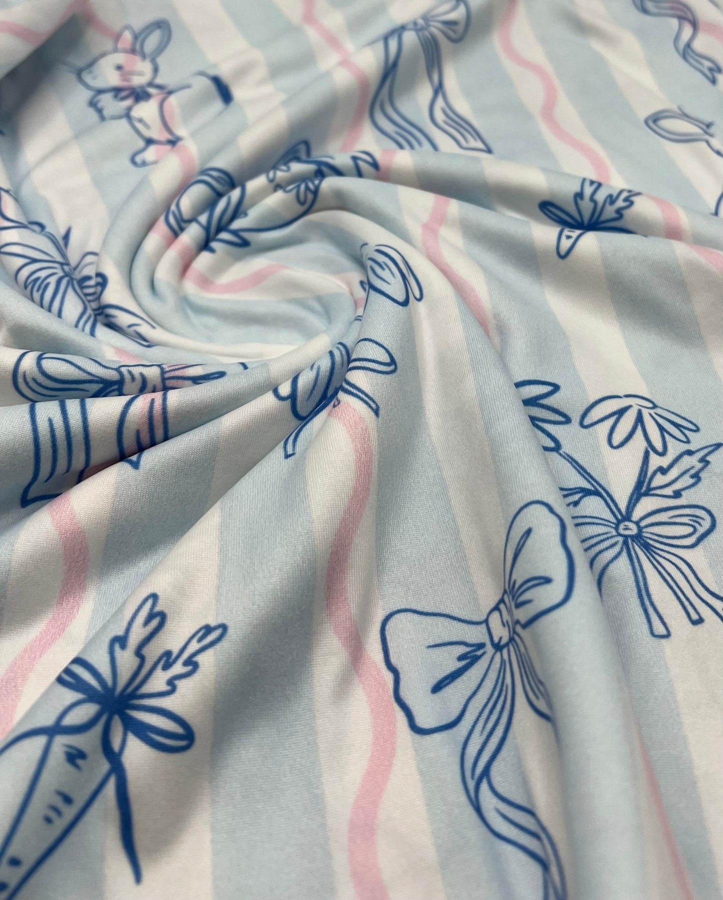Blue Stripe Bunny Super Soft Print Spun Poly Stretch Fabric - T9 Fabrics