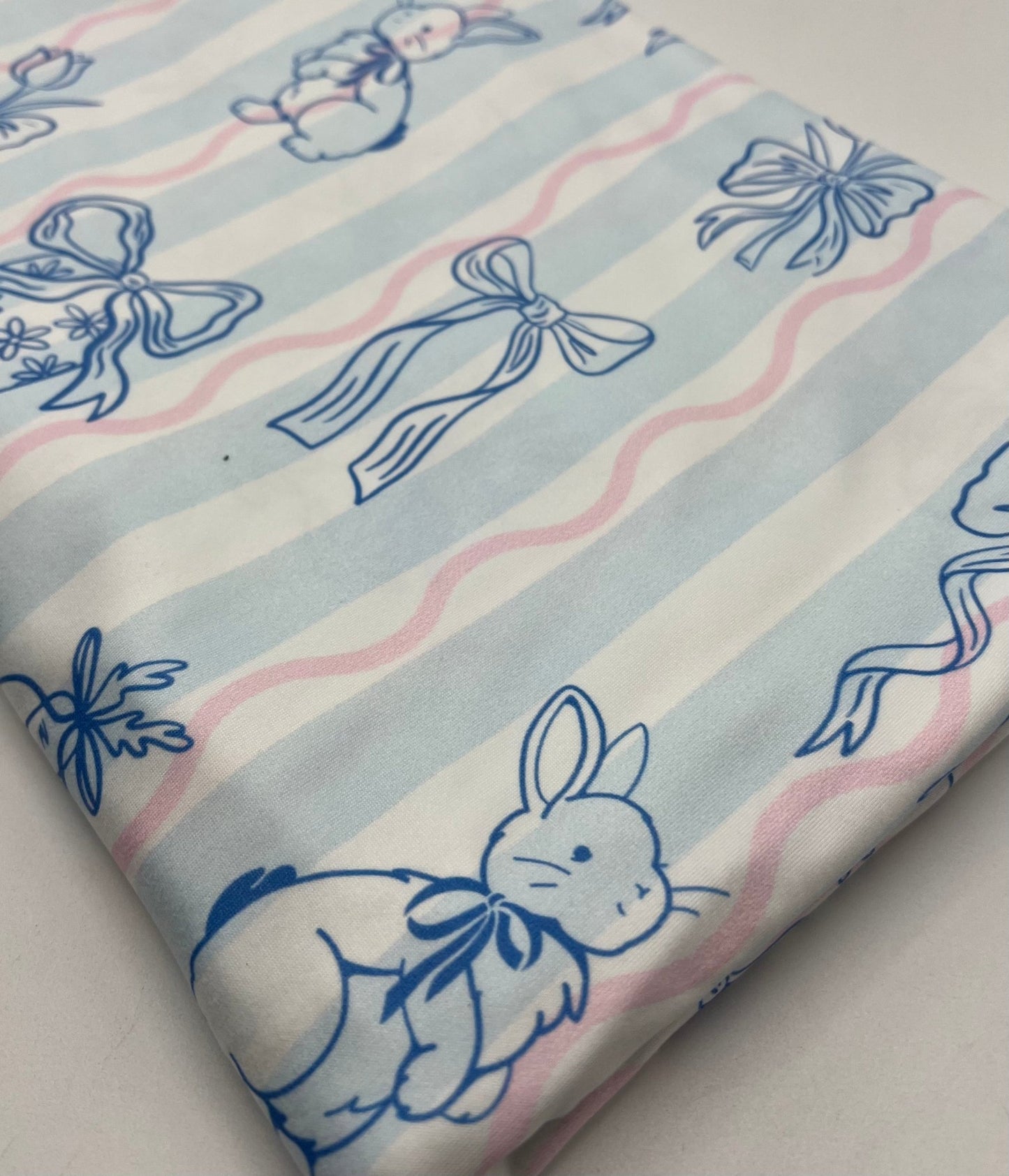 Blue Stripe Bunny Super Soft Print Spun Poly Stretch Fabric - T9 Fabrics
