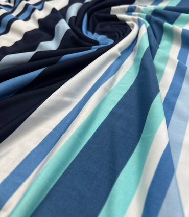 Blue Stripe Print Soft Touch 4 Way Stretch Fabric - T9 Fabrics