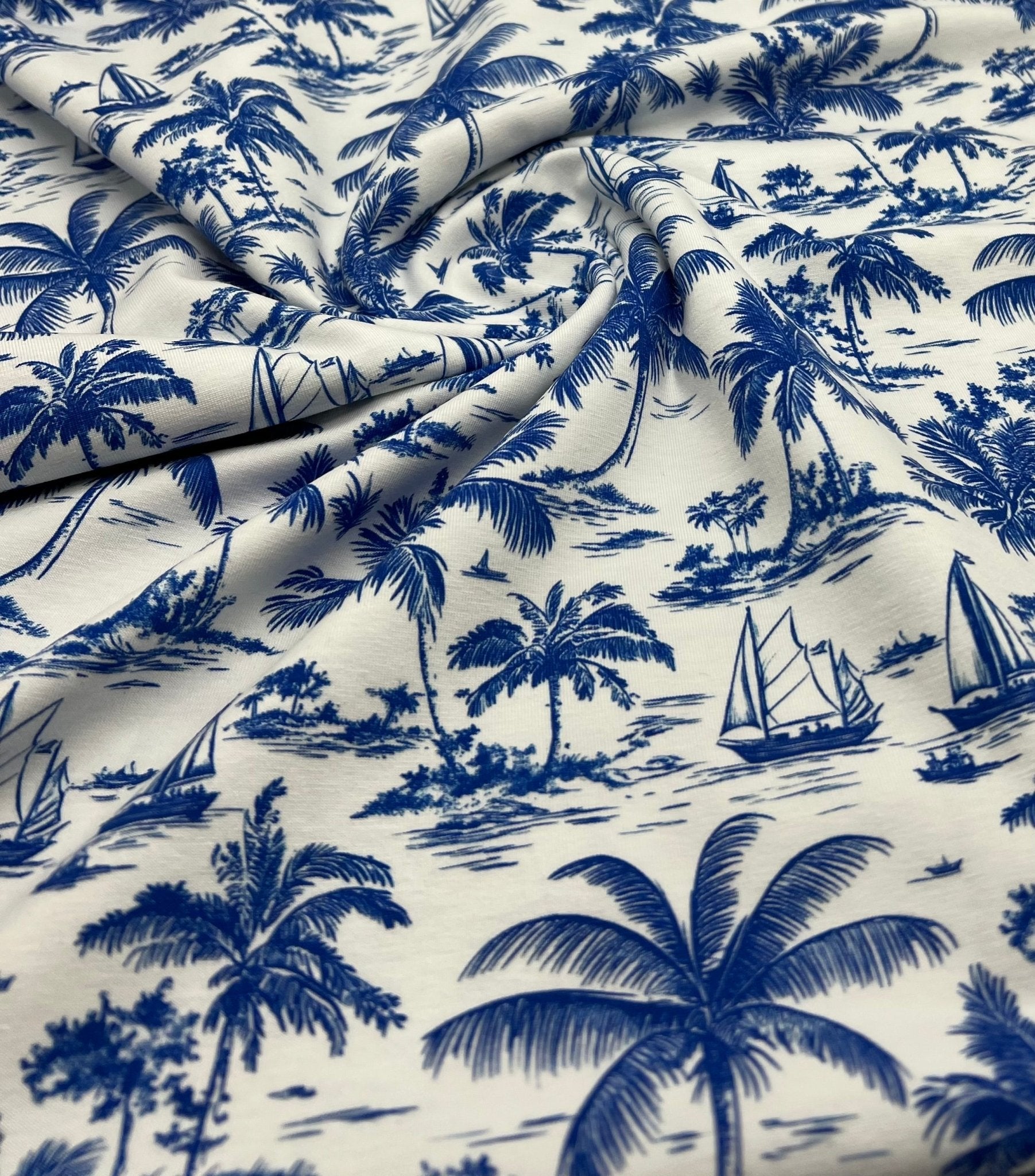 Blue Toile Print Cotton Stretch Jersey 200 GSM 95/5 Lycra 4 Way Stretch - T9 Fabrics