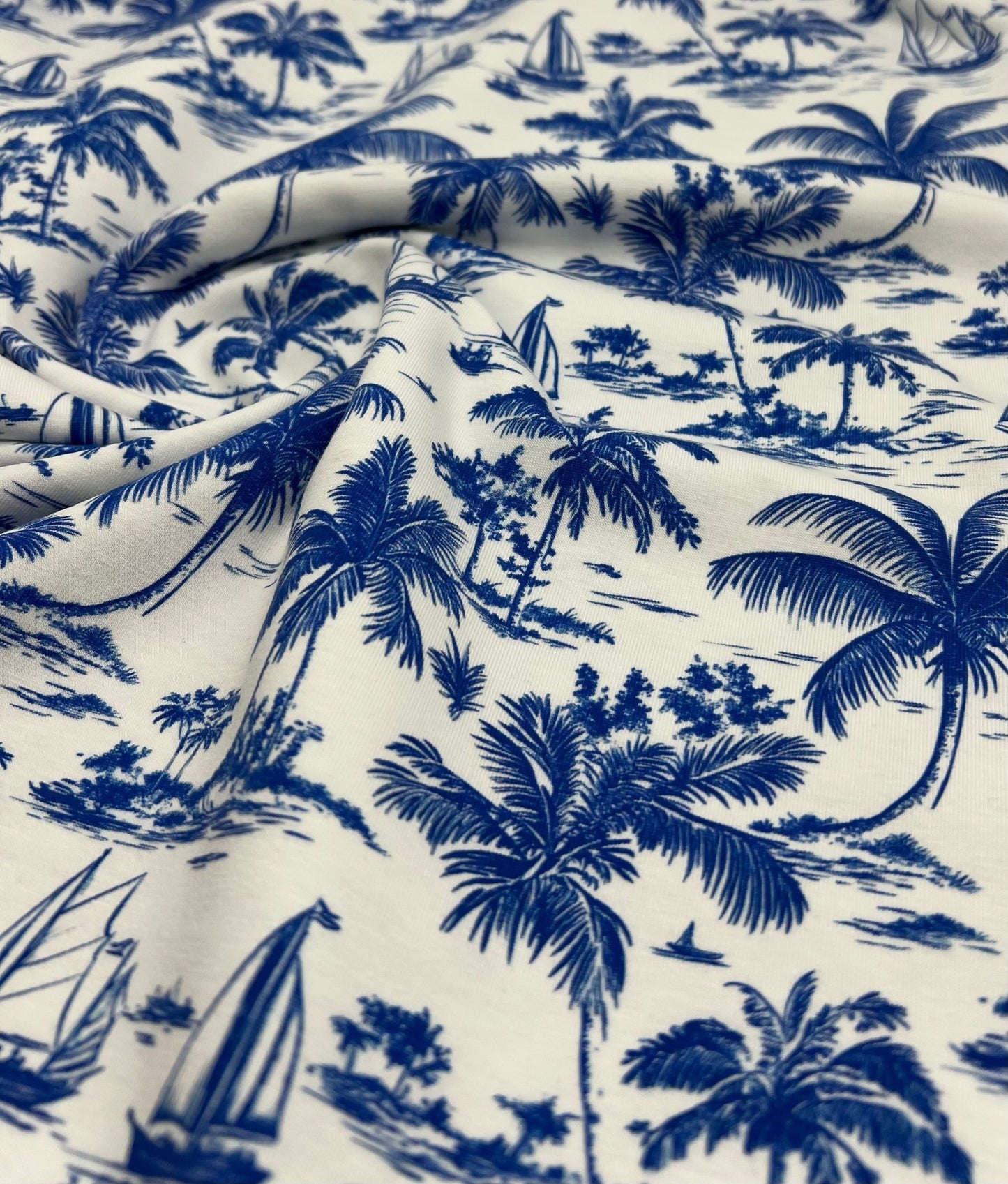 Blue Toile Print Cotton Stretch Jersey 200 GSM 95/5 Lycra 4 Way Stretch - T9 Fabrics