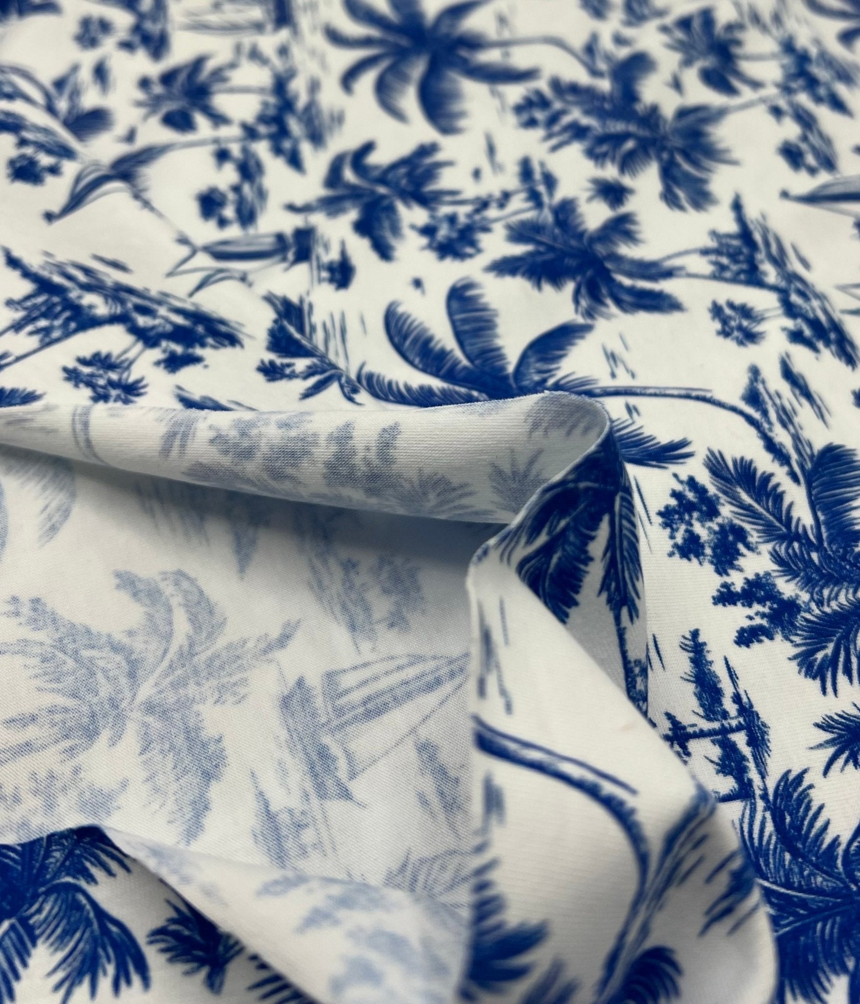 Blue Toile Print Cotton Stretch Jersey 200 GSM 95/5 Lycra 4 Way Stretch - T9 Fabrics