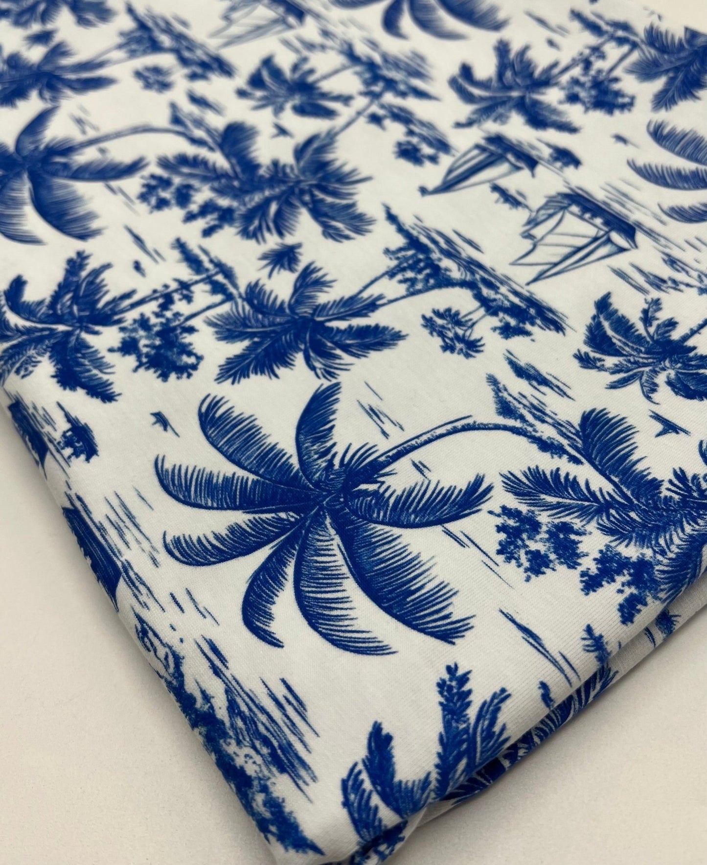Blue Toile Print Cotton Stretch Jersey 200 GSM 95/5 Lycra 4 Way Stretch - T9 Fabrics