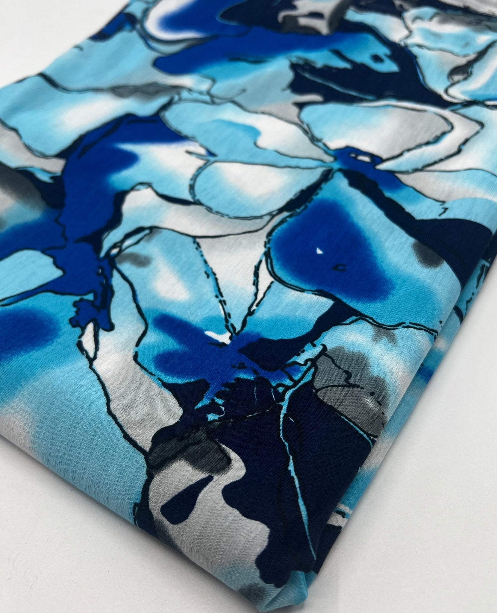 Blue White Floral Mix Print Spun Poly Stretch Fabric - T9 Fabrics
