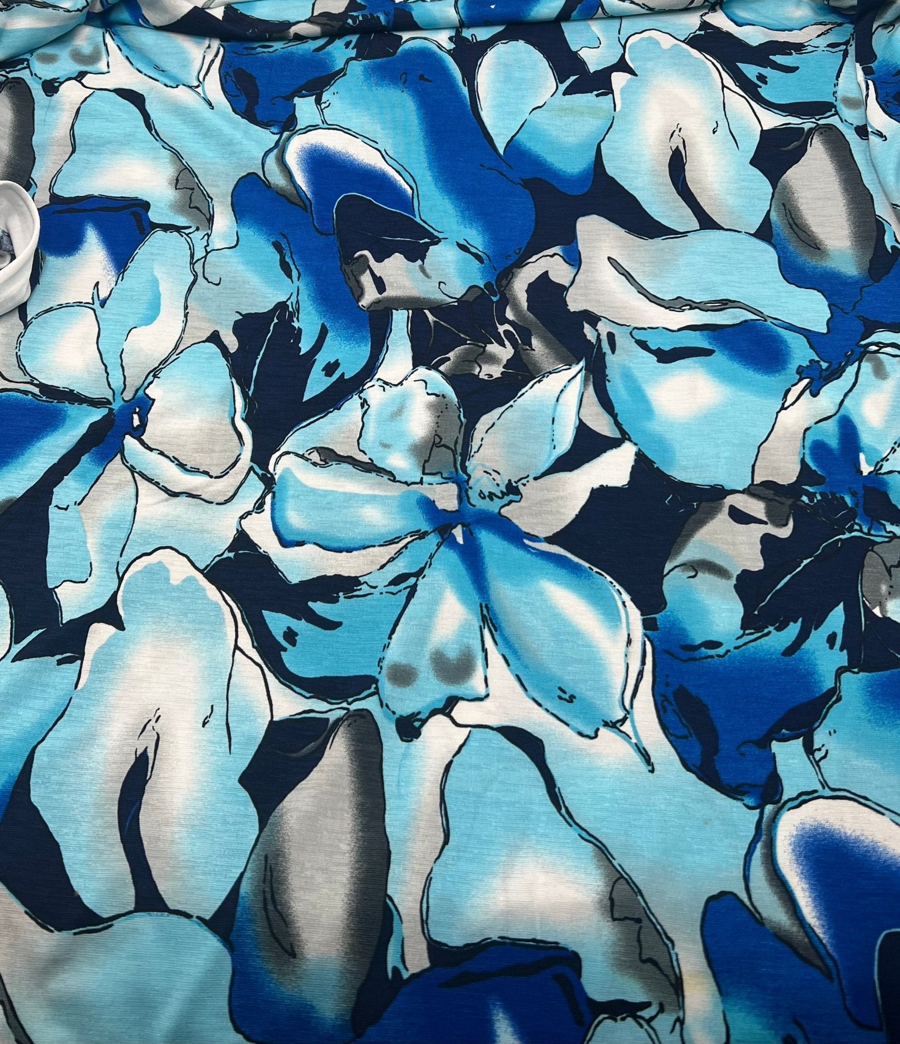 Blue White Floral Mix Print Spun Poly Stretch Fabric - T9 Fabrics