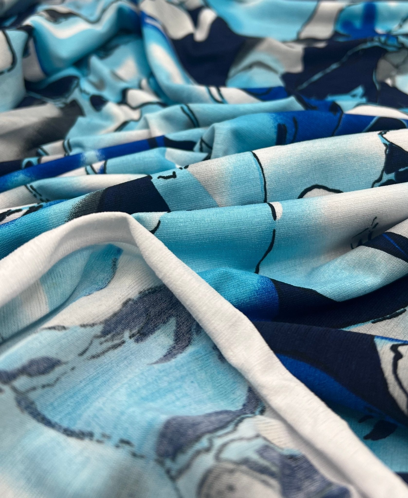 Blue White Floral Mix Print Spun Poly Stretch Fabric - T9 Fabrics