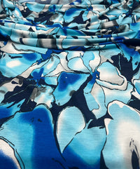 Blue White Floral Mix Print Spun Poly Stretch Fabric - T9 Fabrics