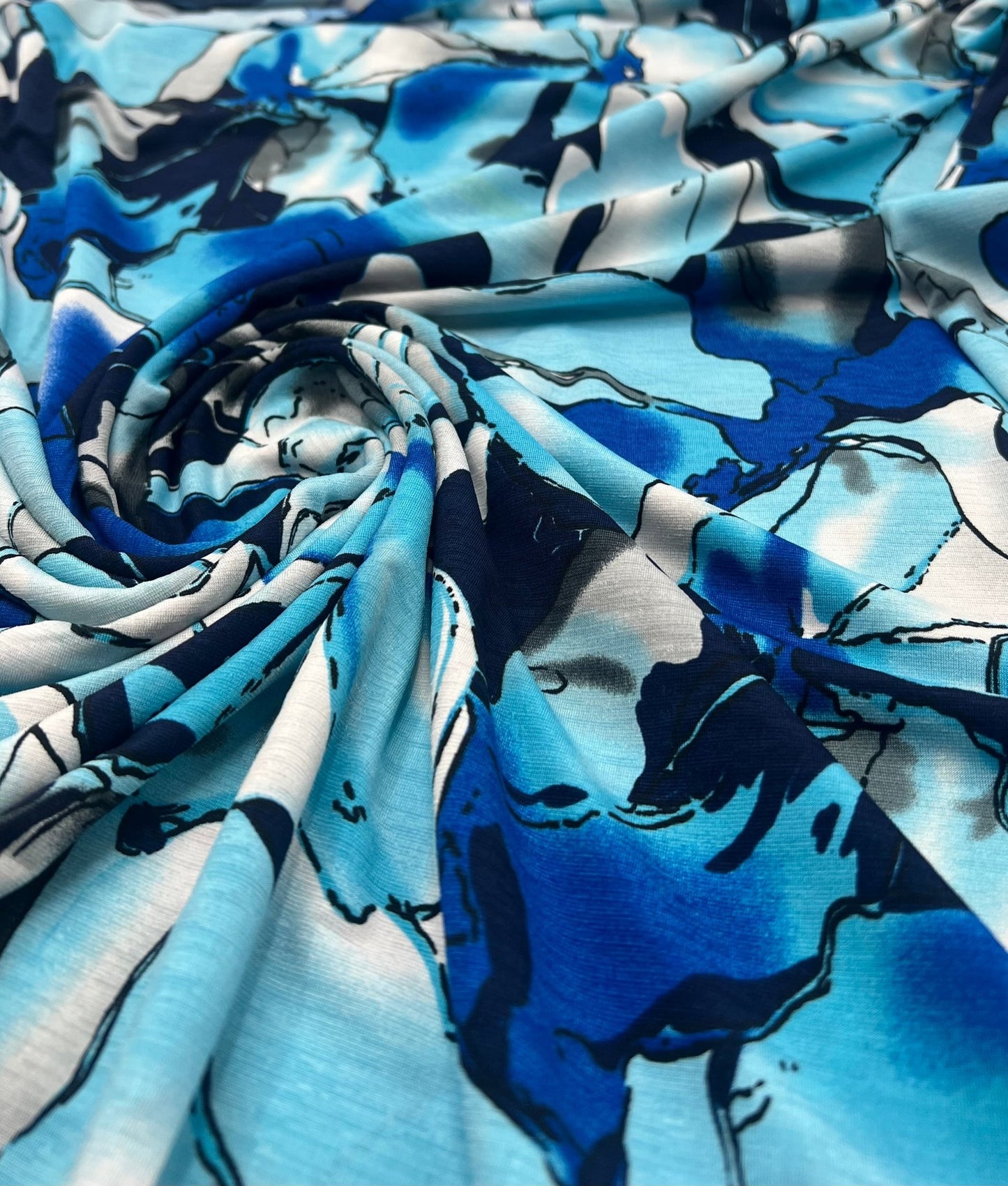 Blue White Floral Mix Print Spun Poly Stretch Fabric - T9 Fabrics