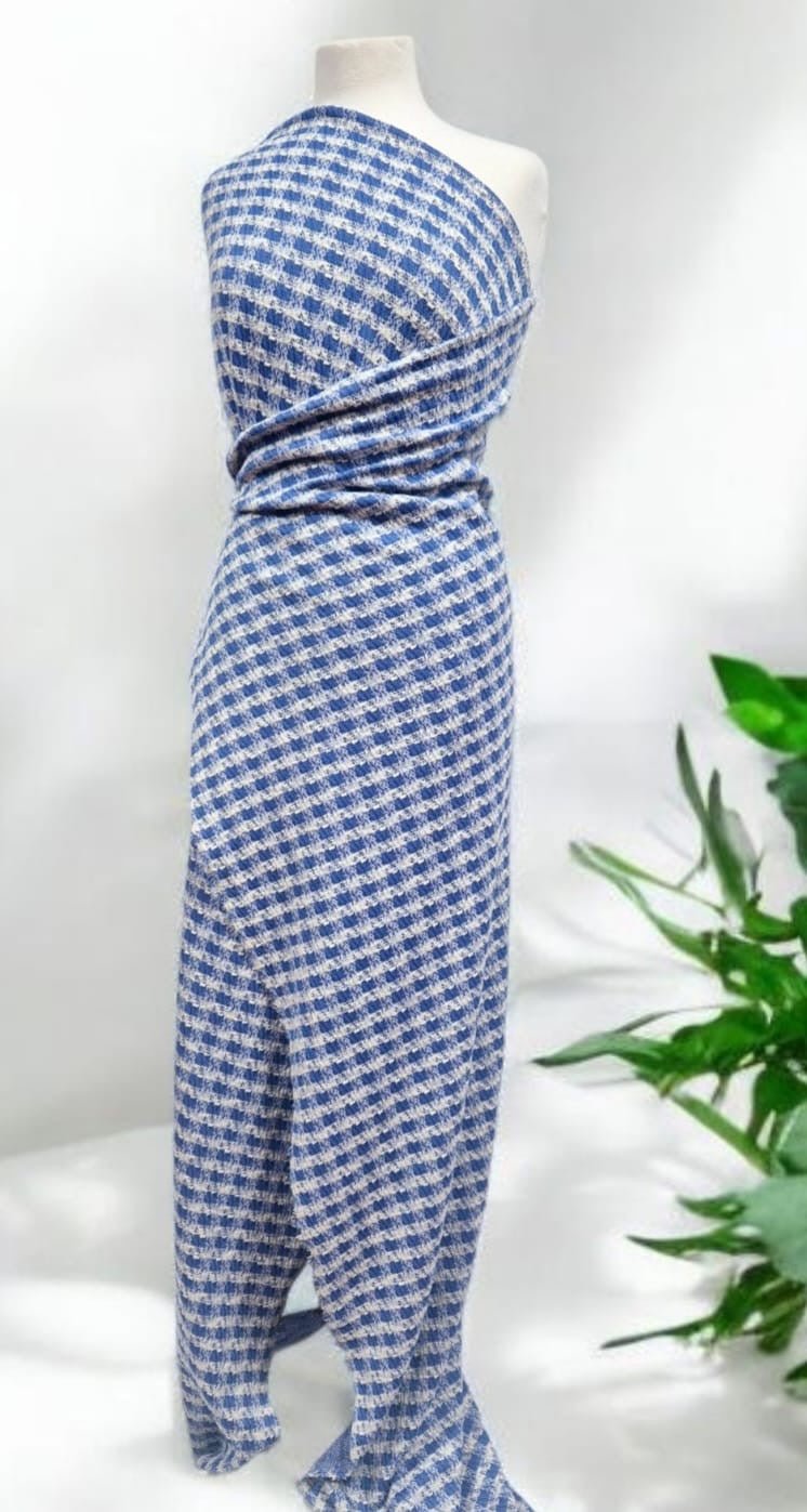 Blue White Gingham Gold Speckles Jacquard Stretch Fabric - T9 Fabrics
