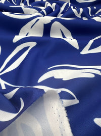 Blue White Leaf Print Lightweight Jersey Crepe Fabric 4 Way Stretch - T9 Fabrics