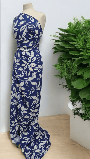 Blue White Leaf Print Lightweight Jersey Crepe Fabric 4 Way Stretch - T9 Fabrics