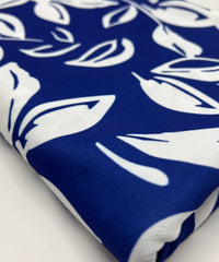 Blue White Leaf Print Lightweight Jersey Crepe Fabric 4 Way Stretch - T9 Fabrics