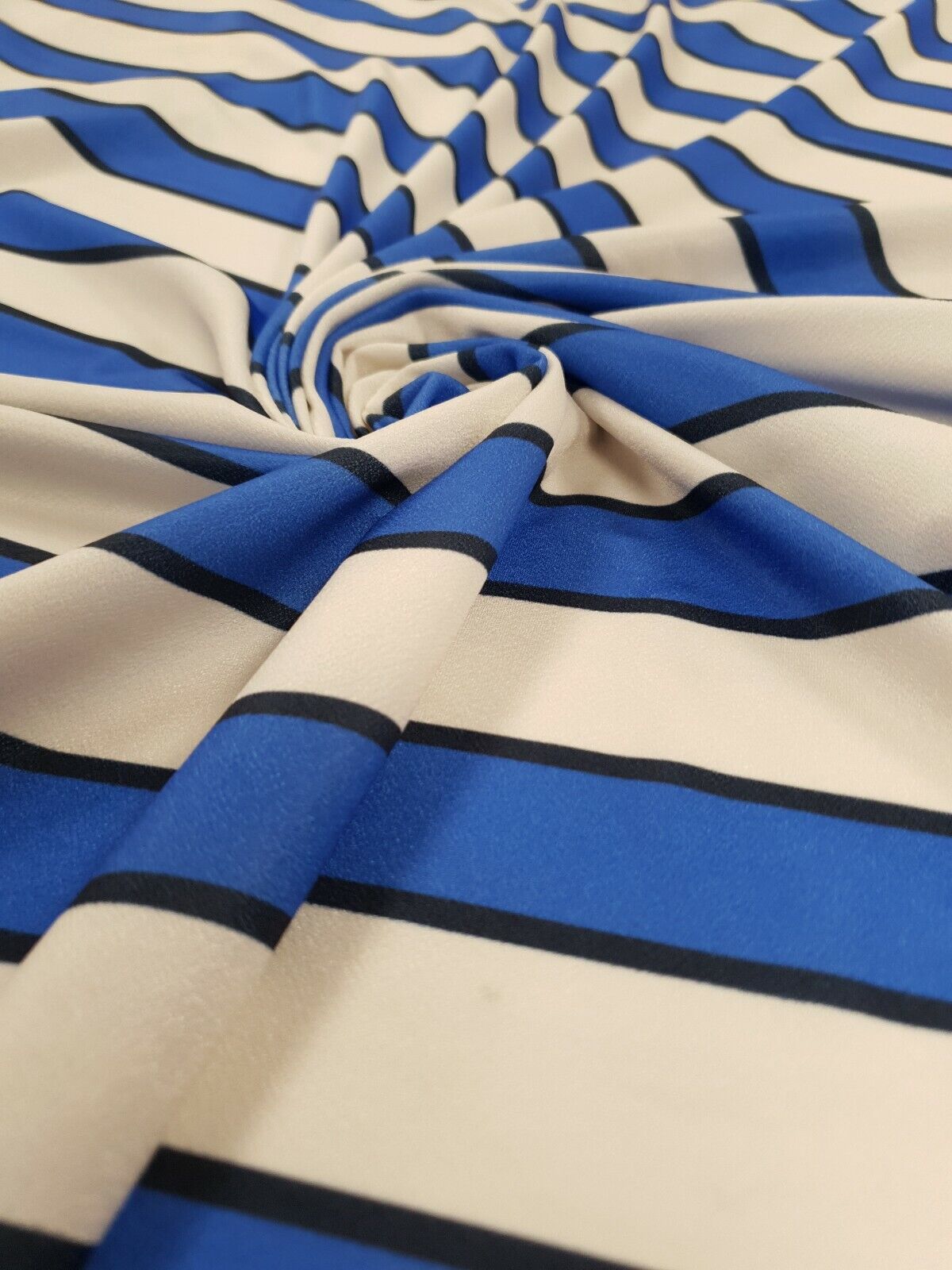 Blue & White Stripe Print Jersey Crepe Fabric 4 Way Stretch - T9 Fabrics