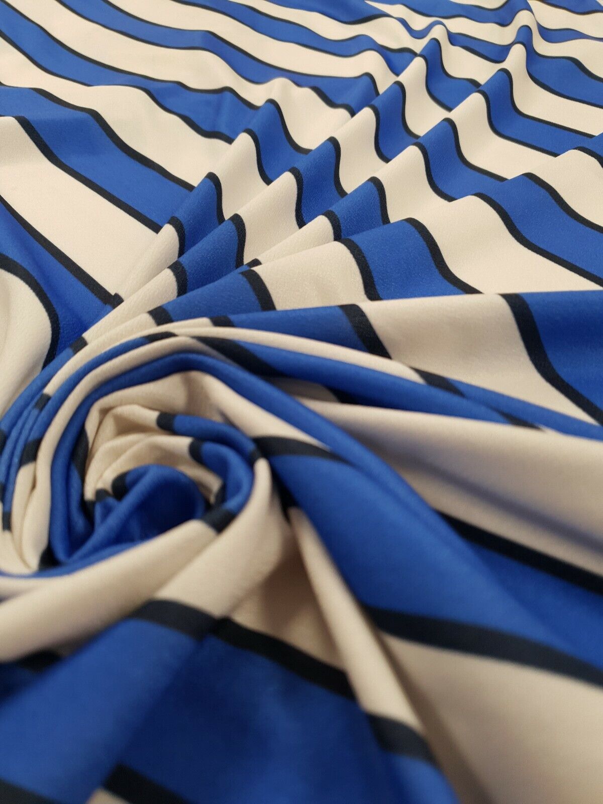 Blue & White Stripe Print Jersey Crepe Fabric 4 Way Stretch - T9 Fabrics