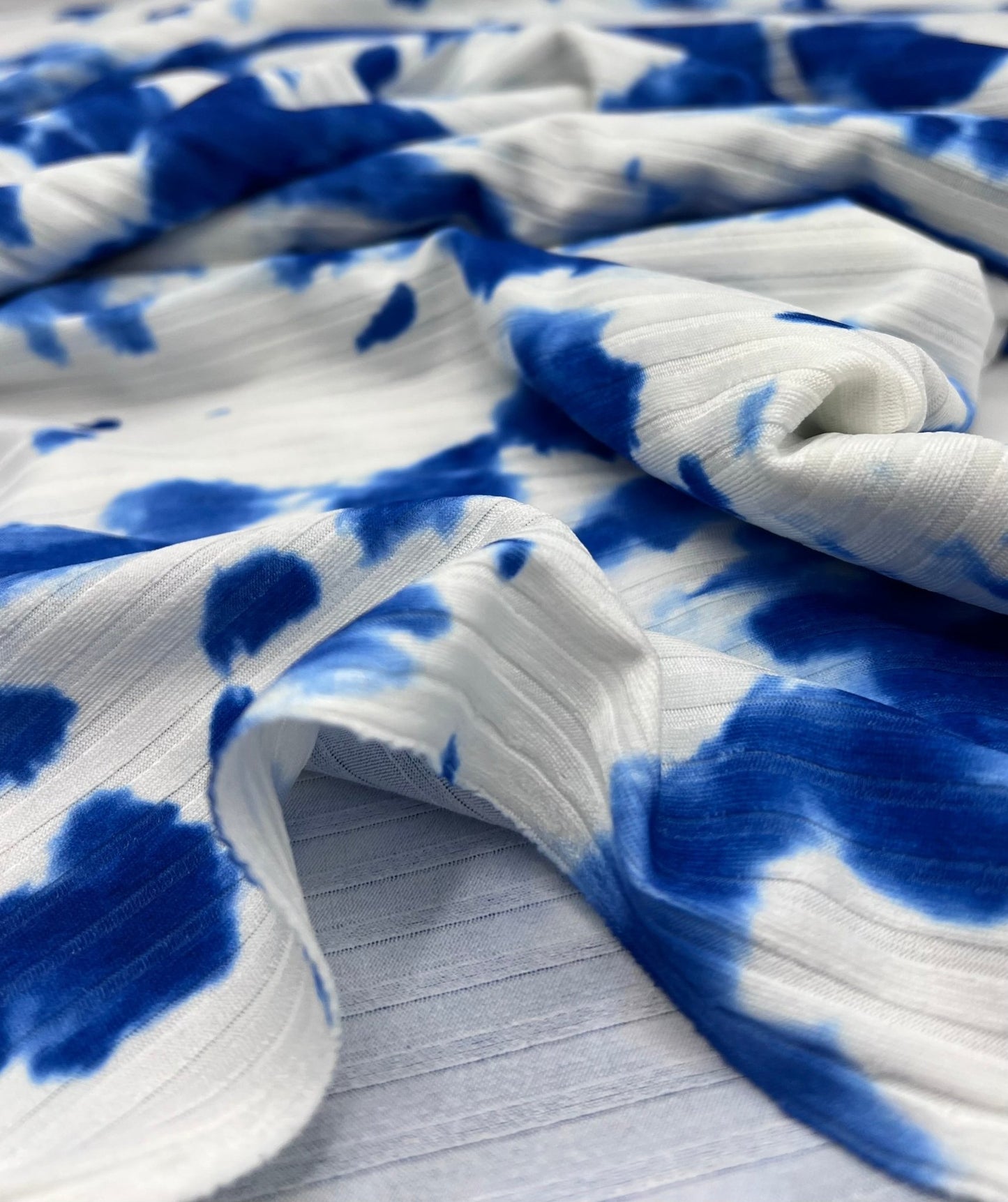 Blue White Tie Dye Print 8x4 Wide Rib Stretch Fabric - T9 Fabrics