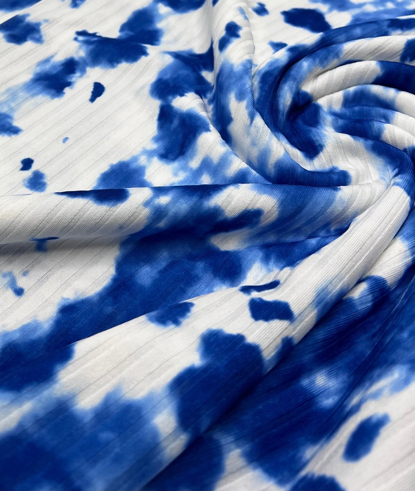 Blue White Tie Dye Print 8x4 Wide Rib Stretch Fabric - T9 Fabrics