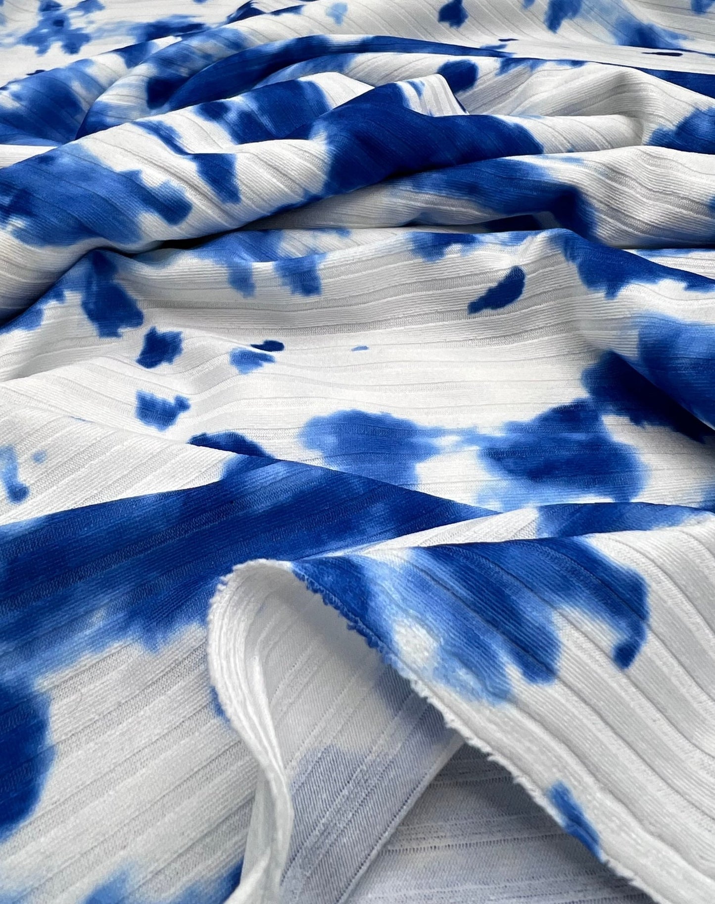 Blue White Tie Dye Print 8x4 Wide Rib Stretch Fabric - T9 Fabrics