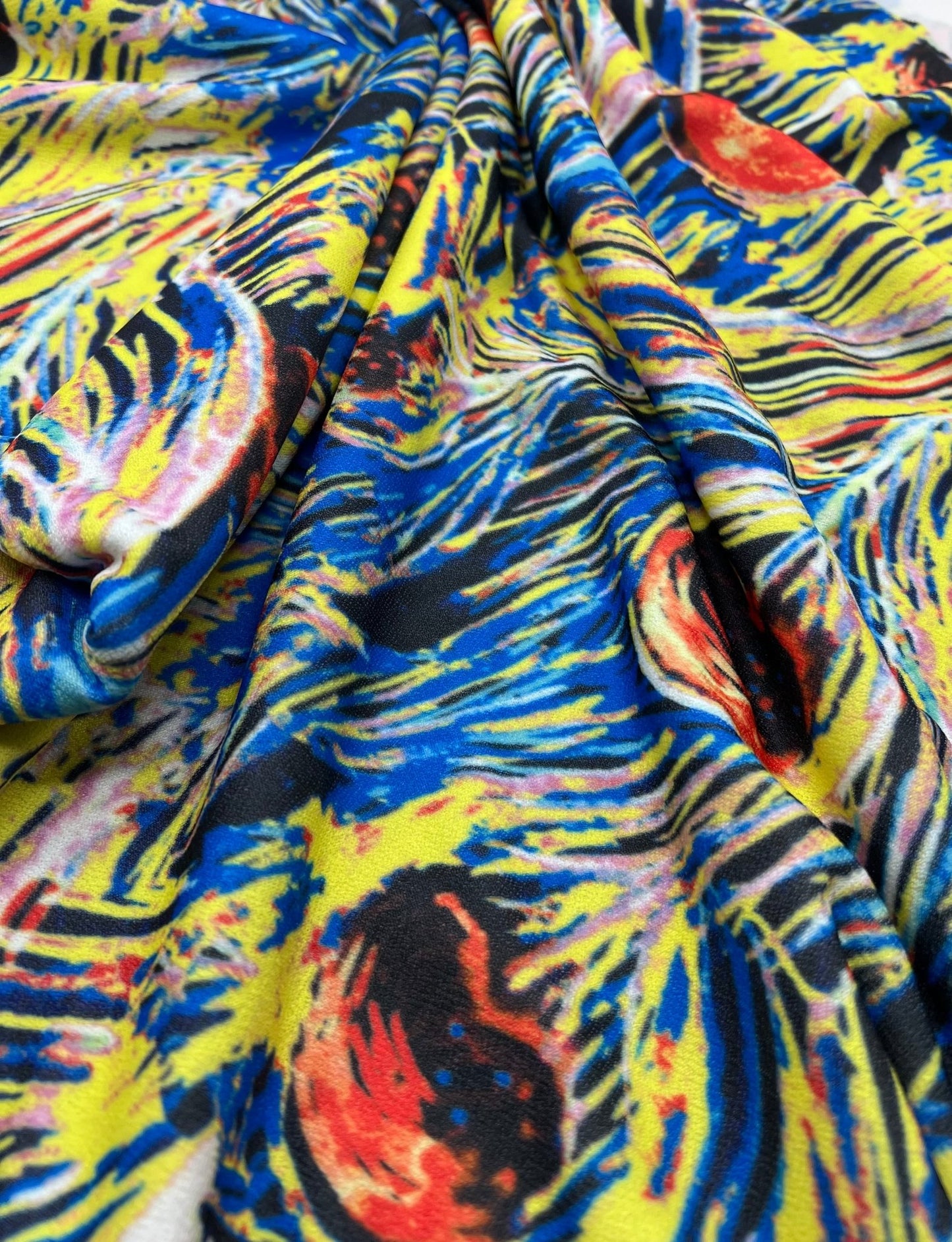 Blue Yellow Mix Print Lightweight Jersey Crepe Fabric 4 Way Stretch - T9 Fabrics