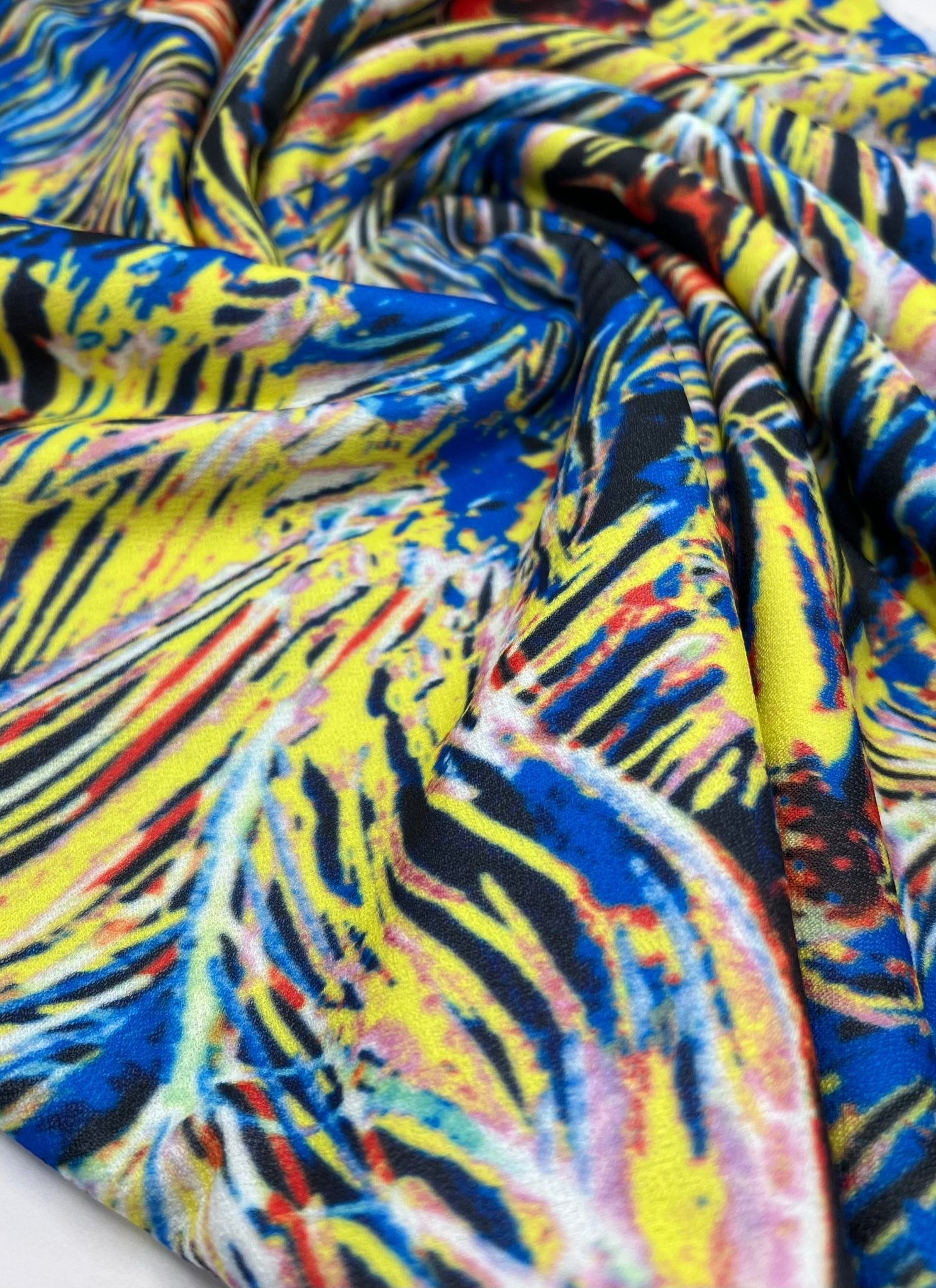 Blue Yellow Mix Print Lightweight Jersey Crepe Fabric 4 Way Stretch - T9 Fabrics