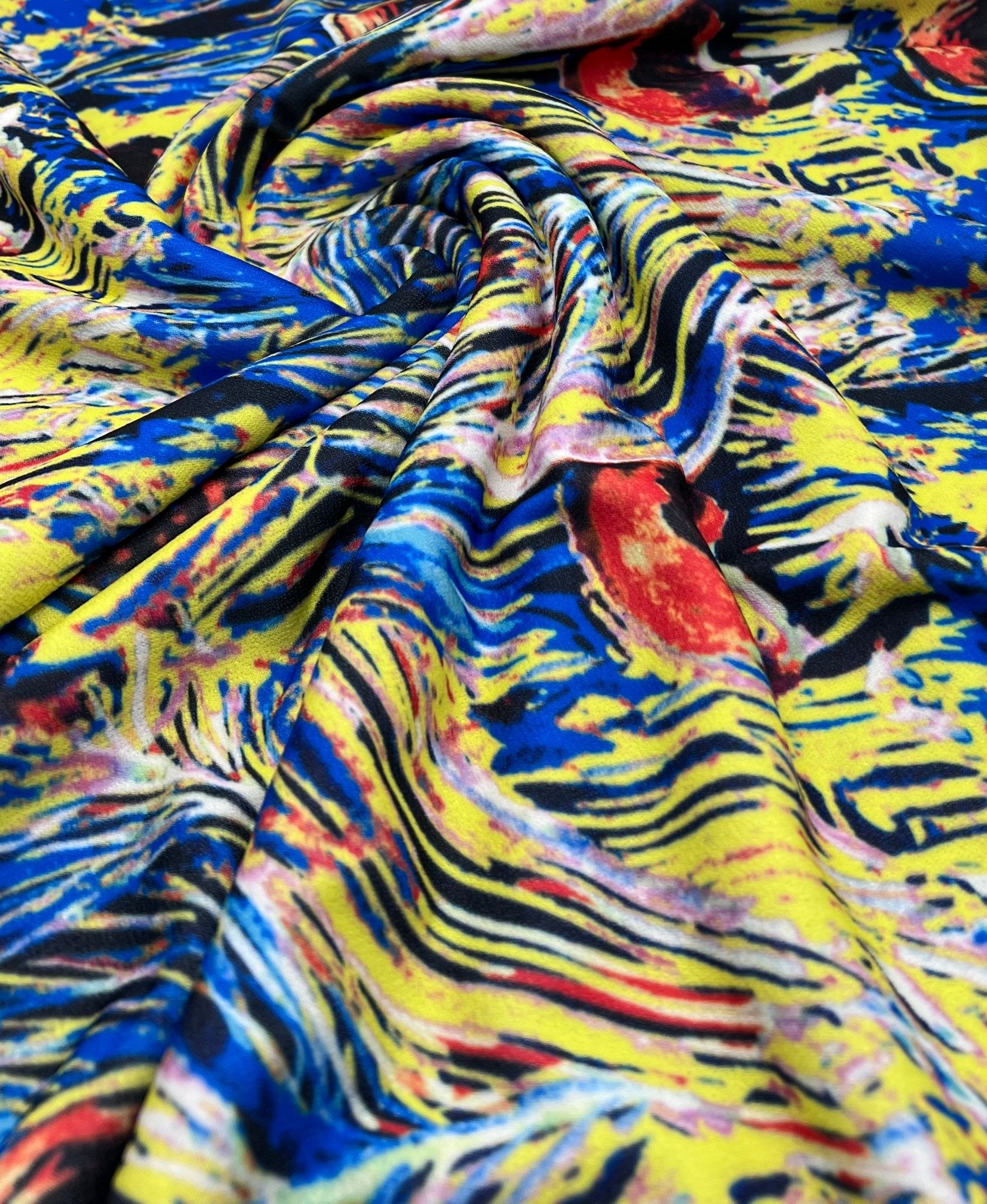 Blue Yellow Mix Print Lightweight Jersey Crepe Fabric 4 Way Stretch - T9 Fabrics