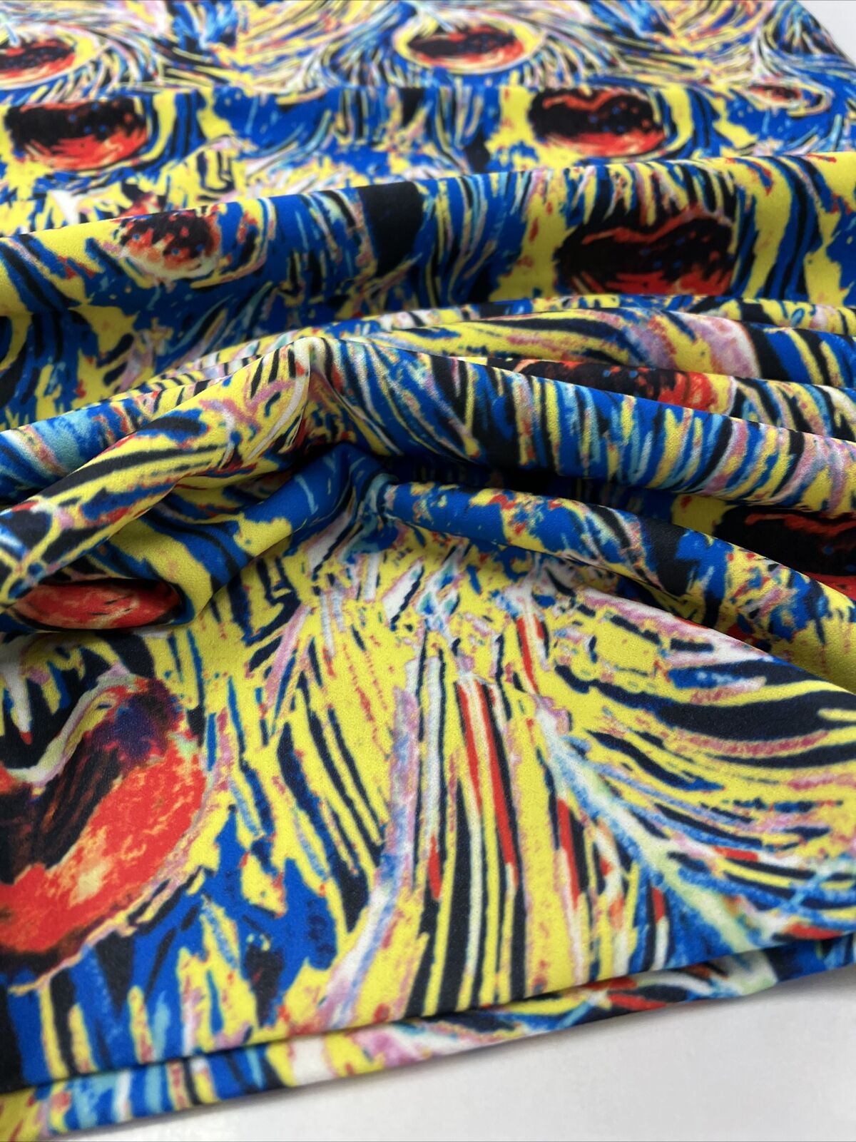 Blue Yellow Mix Printed Scuba Crepe Jersey Fabric 4 Way Stretch - T9 Fabrics