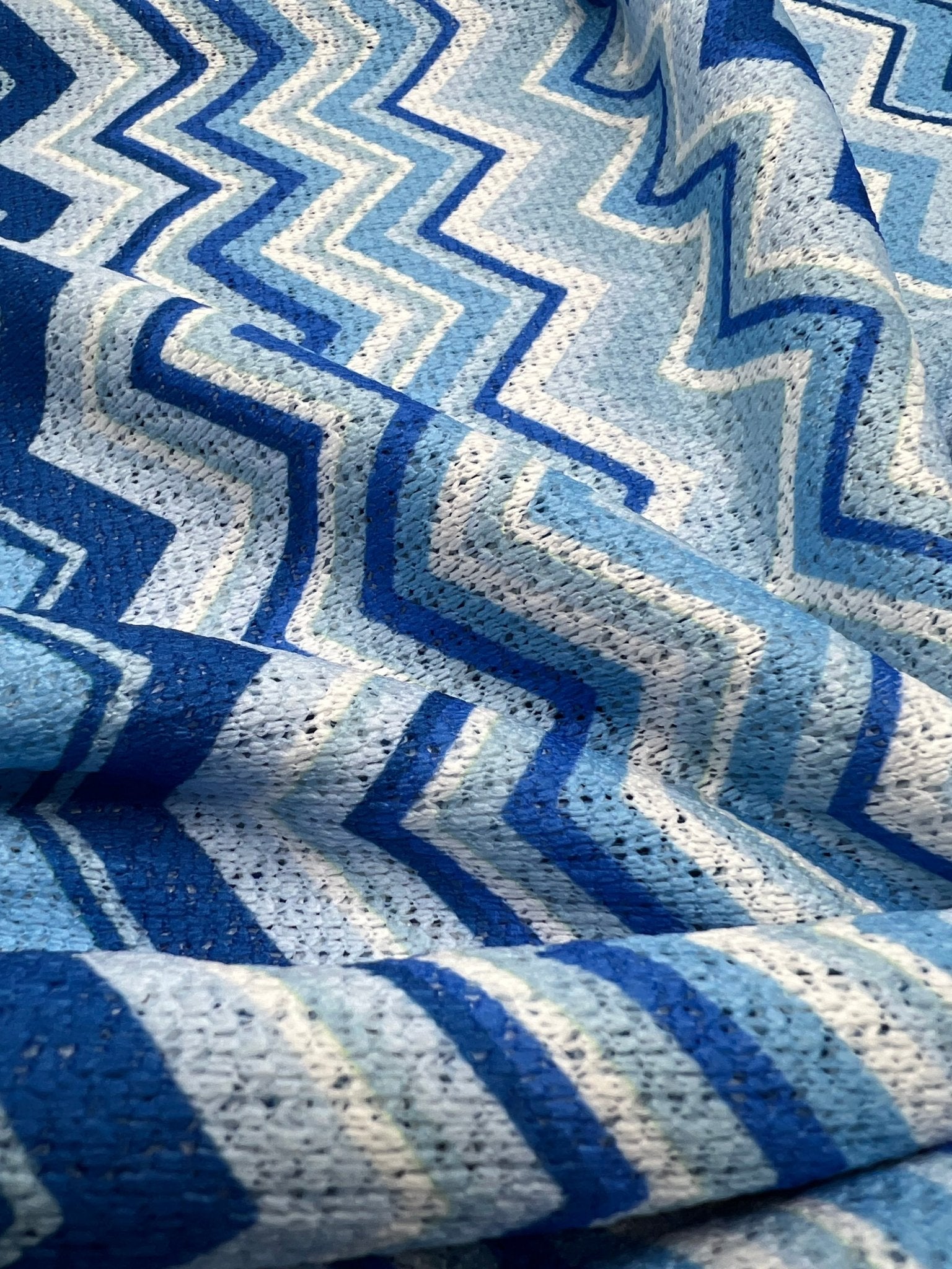 Blue Zigzag Knitted 4 Way Stretch Fabric - T9 Fabrics