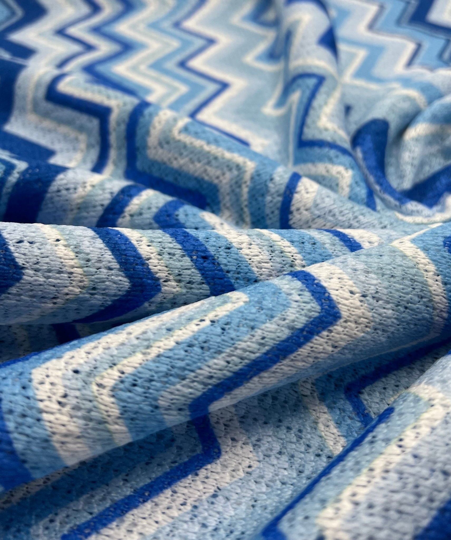 Blue Zigzag Knitted 4 Way Stretch Fabric - T9 Fabrics