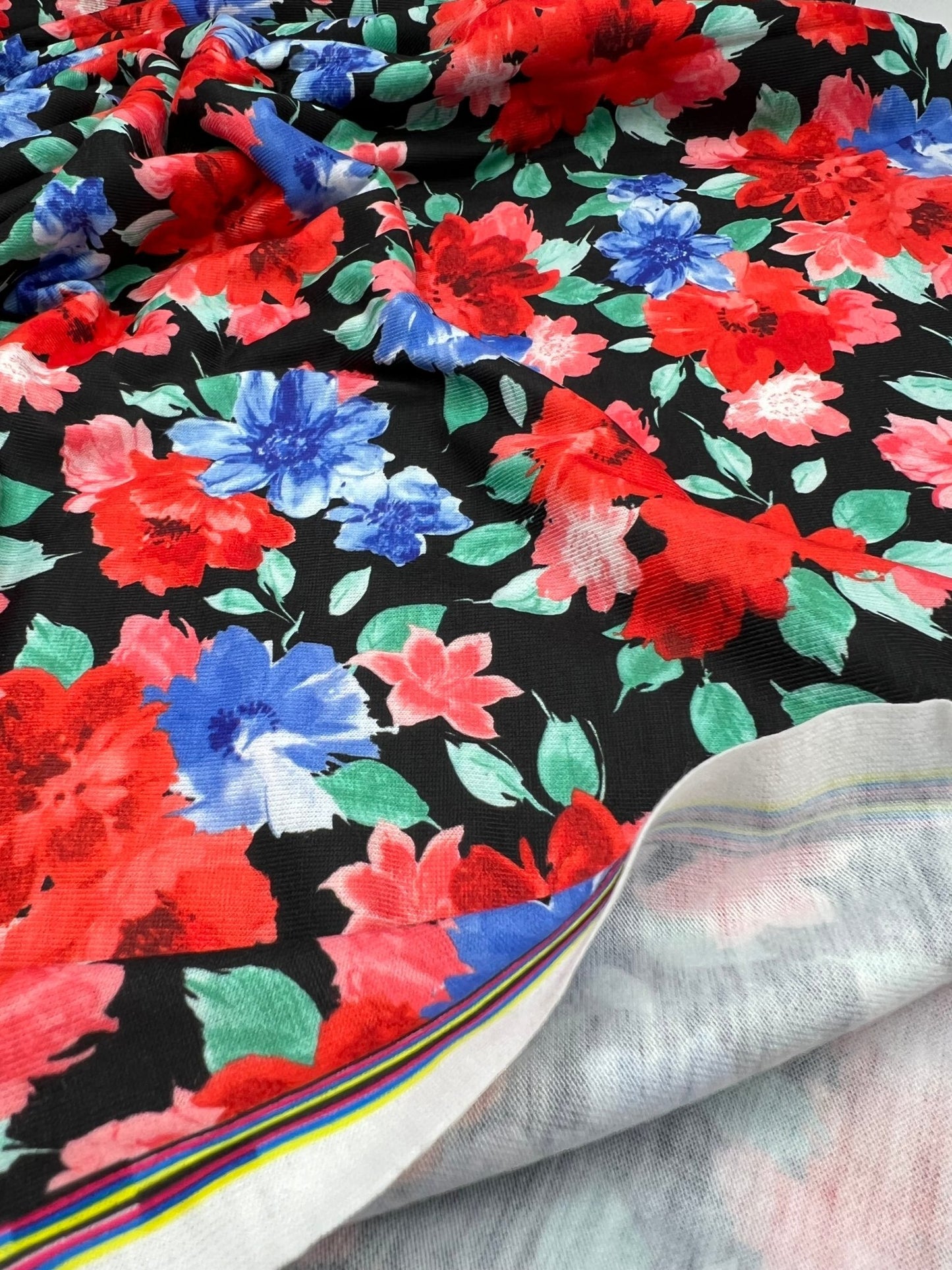 Bold Red & Blue Flower Print Spun Poly Stretch Fabric - T9 Fabrics