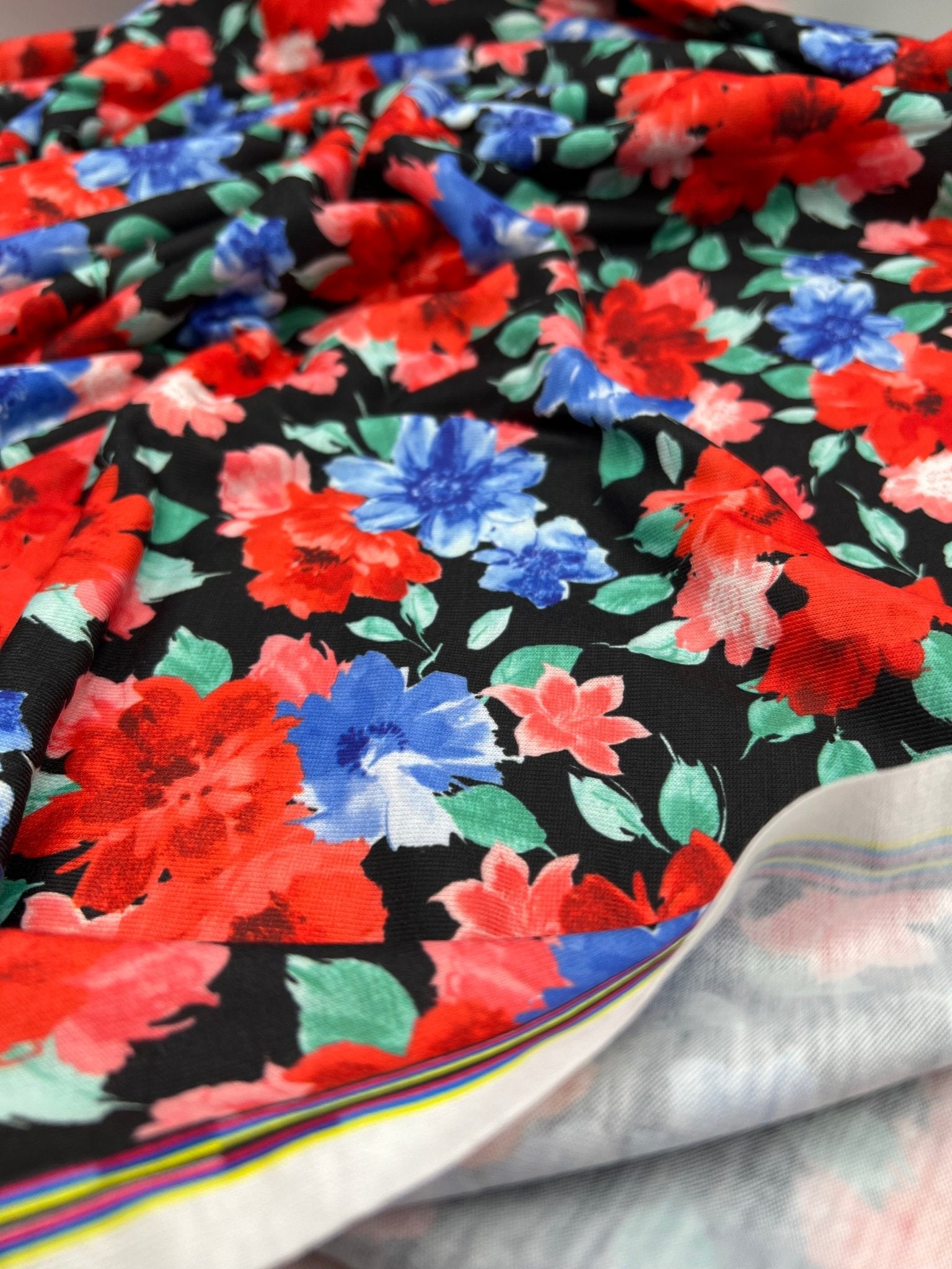 Bold Red & Blue Flower Print Spun Poly Stretch Fabric - T9 Fabrics