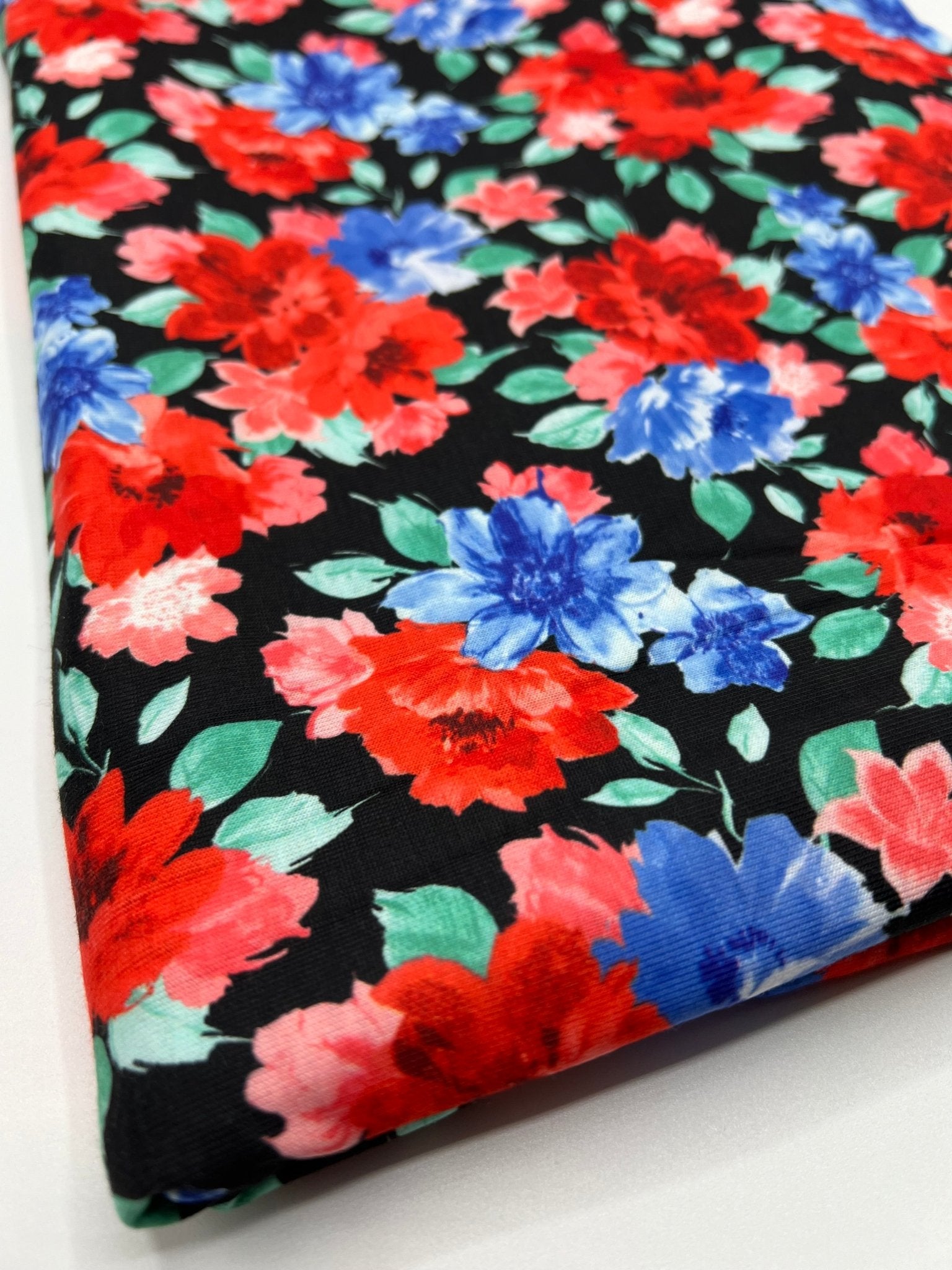 Bold Red & Blue Flower Print Spun Poly Stretch Fabric - T9 Fabrics