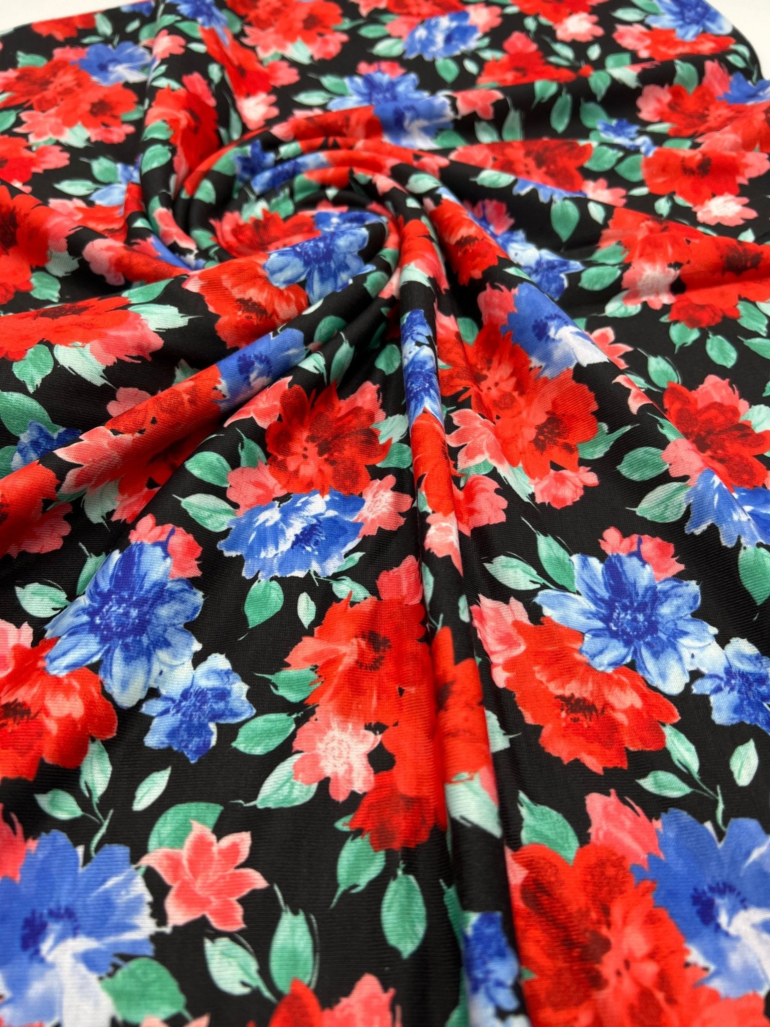 Bold Red & Blue Flower Print Spun Poly Stretch Fabric - T9 Fabrics