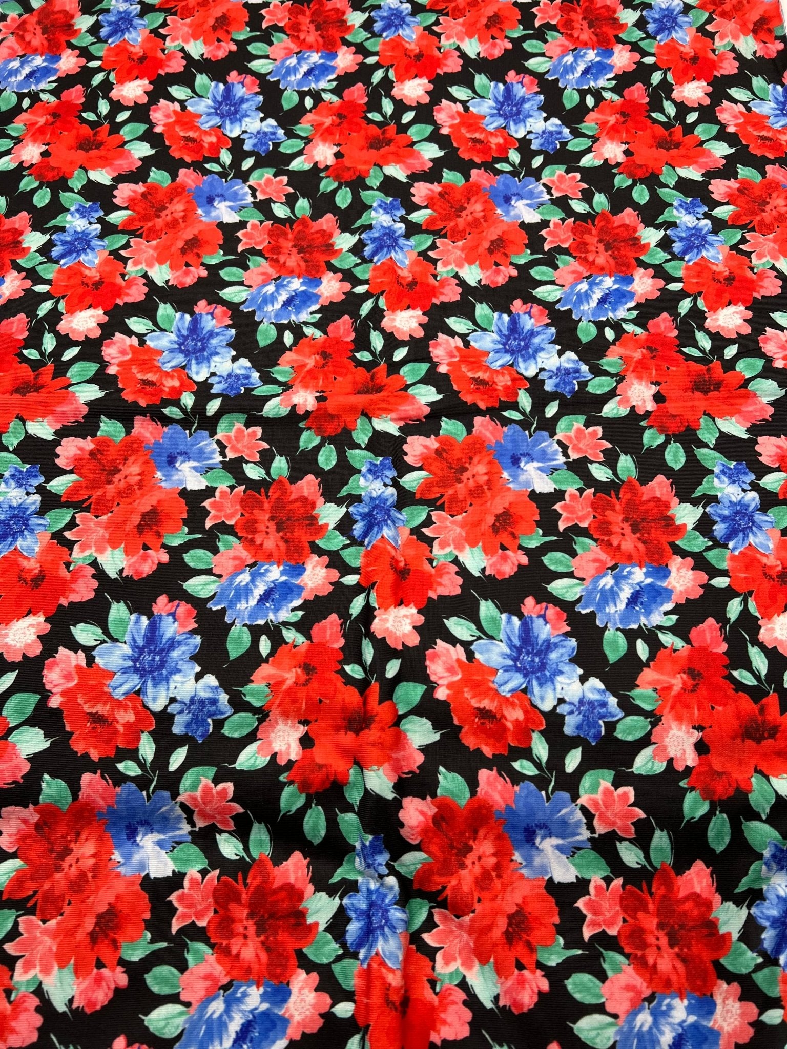 Bold Red & Blue Flower Print Spun Poly Stretch Fabric - T9 Fabrics