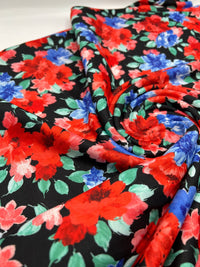 Bold Red & Blue Flower Print Spun Poly Stretch Fabric - T9 Fabrics