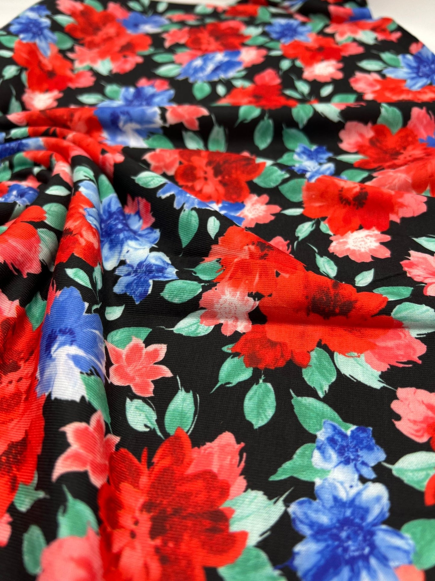 Bold Red & Blue Flower Print Spun Poly Stretch Fabric - T9 Fabrics