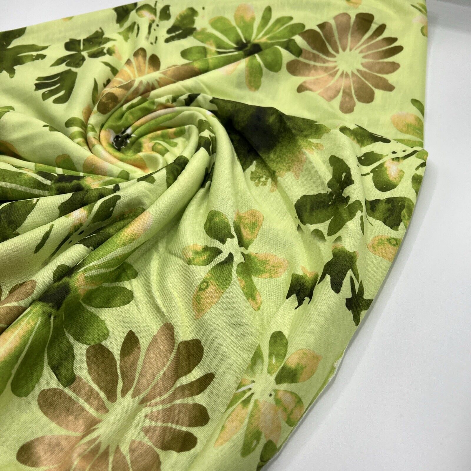 Bright Green Floral Print Spun Poly Stretch Fabric - T9 Fabrics